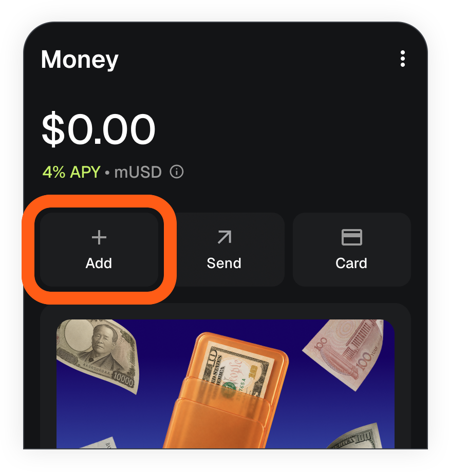 MetaMask mobile money account add button empty account