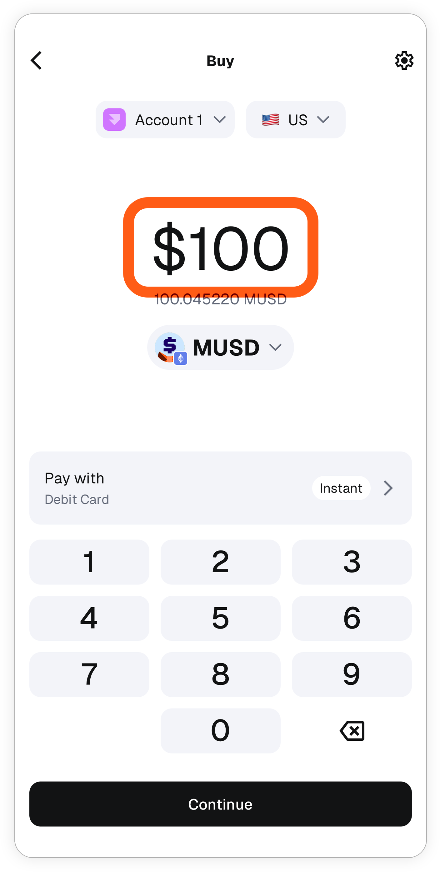 MetaMask mobile: comprar mUSD, escolher valor
