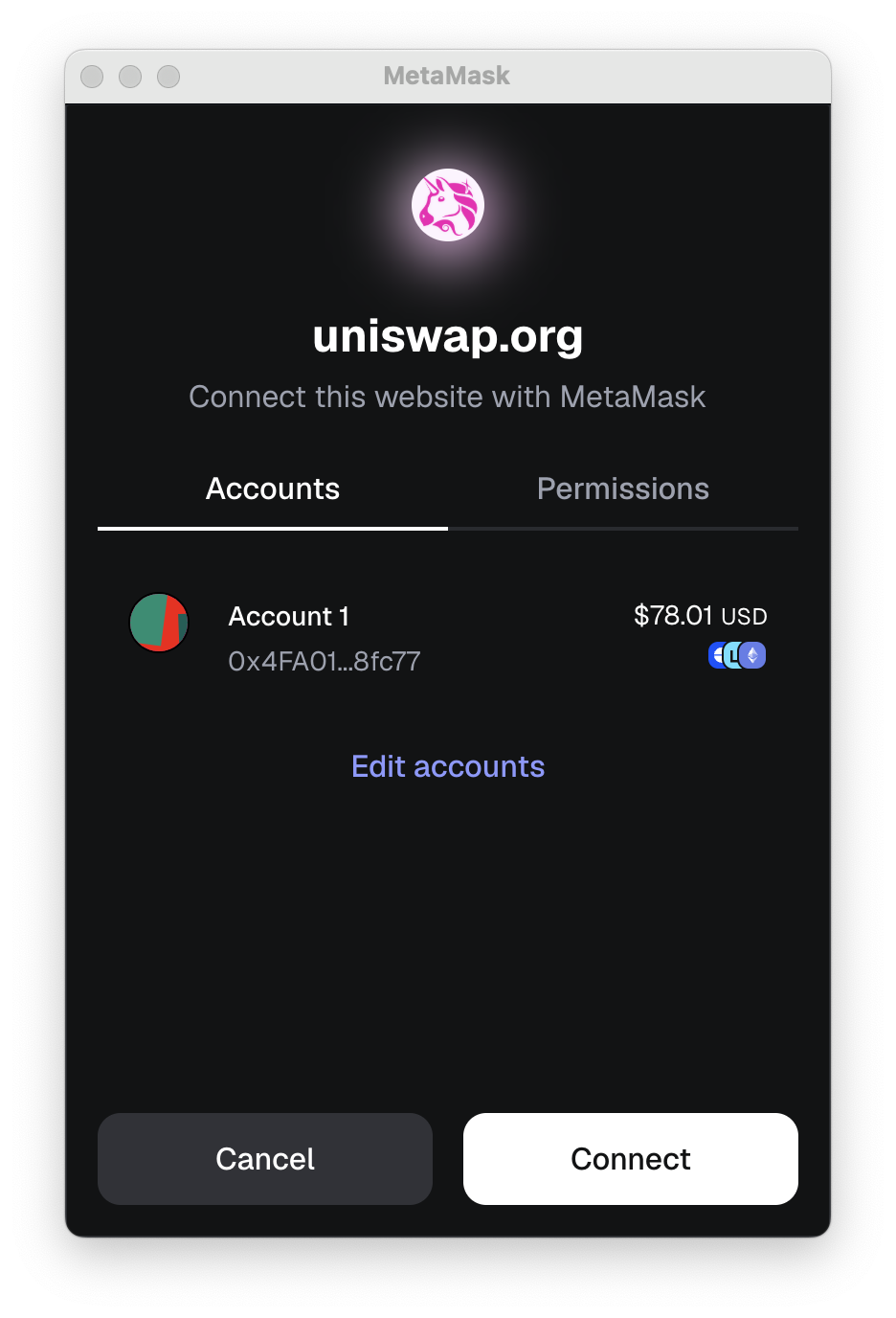 MetaMask Extension connect to a dapp select accounts