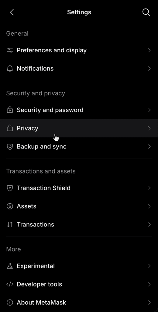 MetaMask Mobile settings navigate to Privacy and turn off Basic Functionality