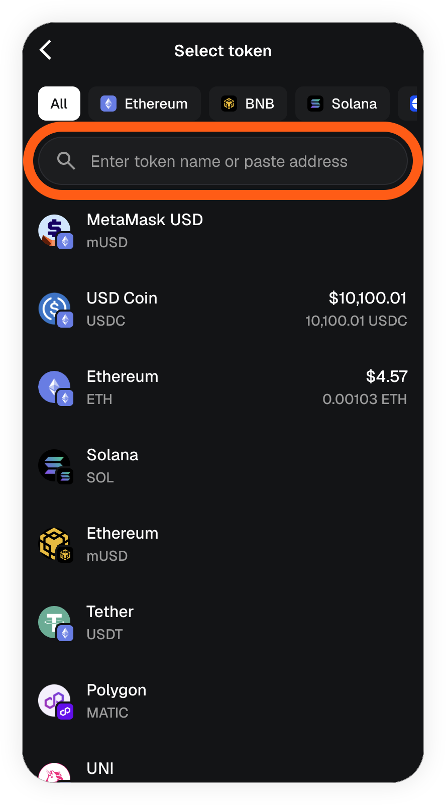 MetaMask Extension select token to buy search