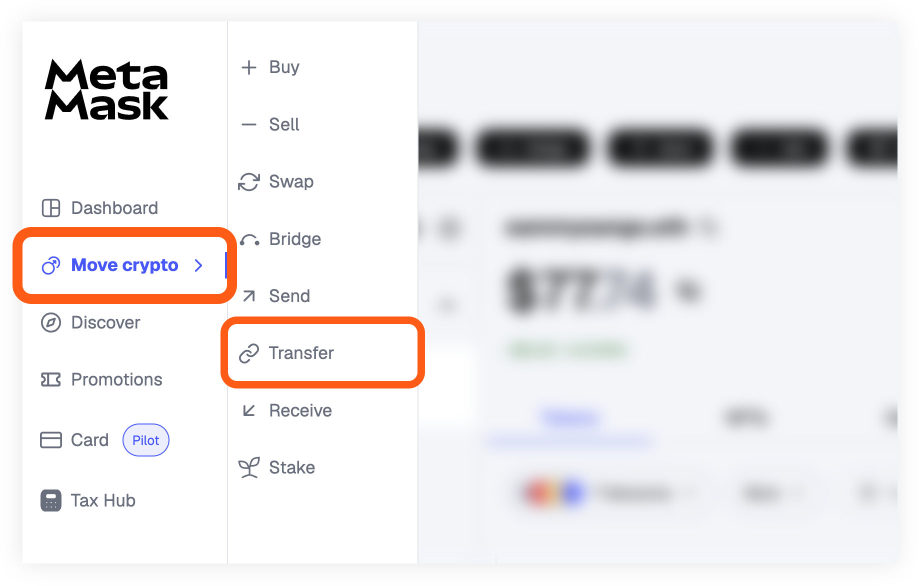 MetaMask Portfolio menu move crypto transfer