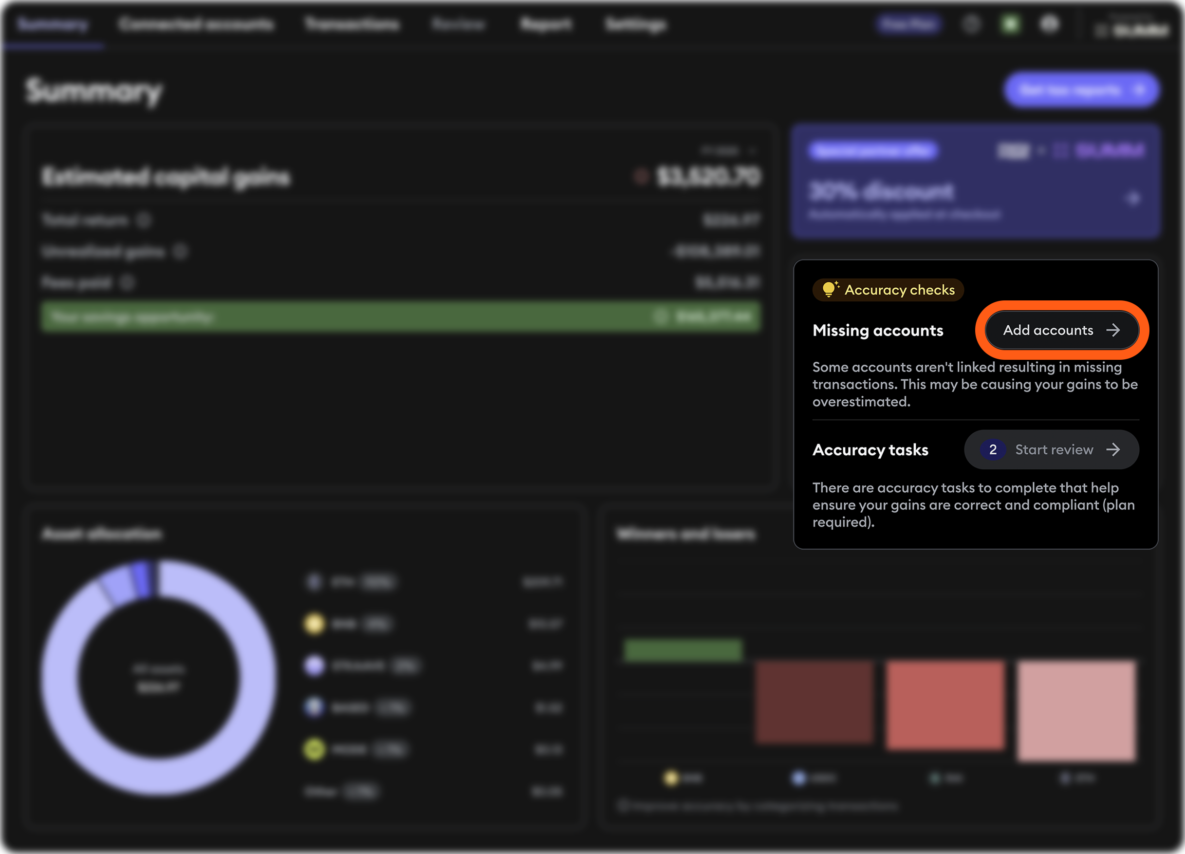 MetaMask Portfolio Summ tax report summary page add accounts