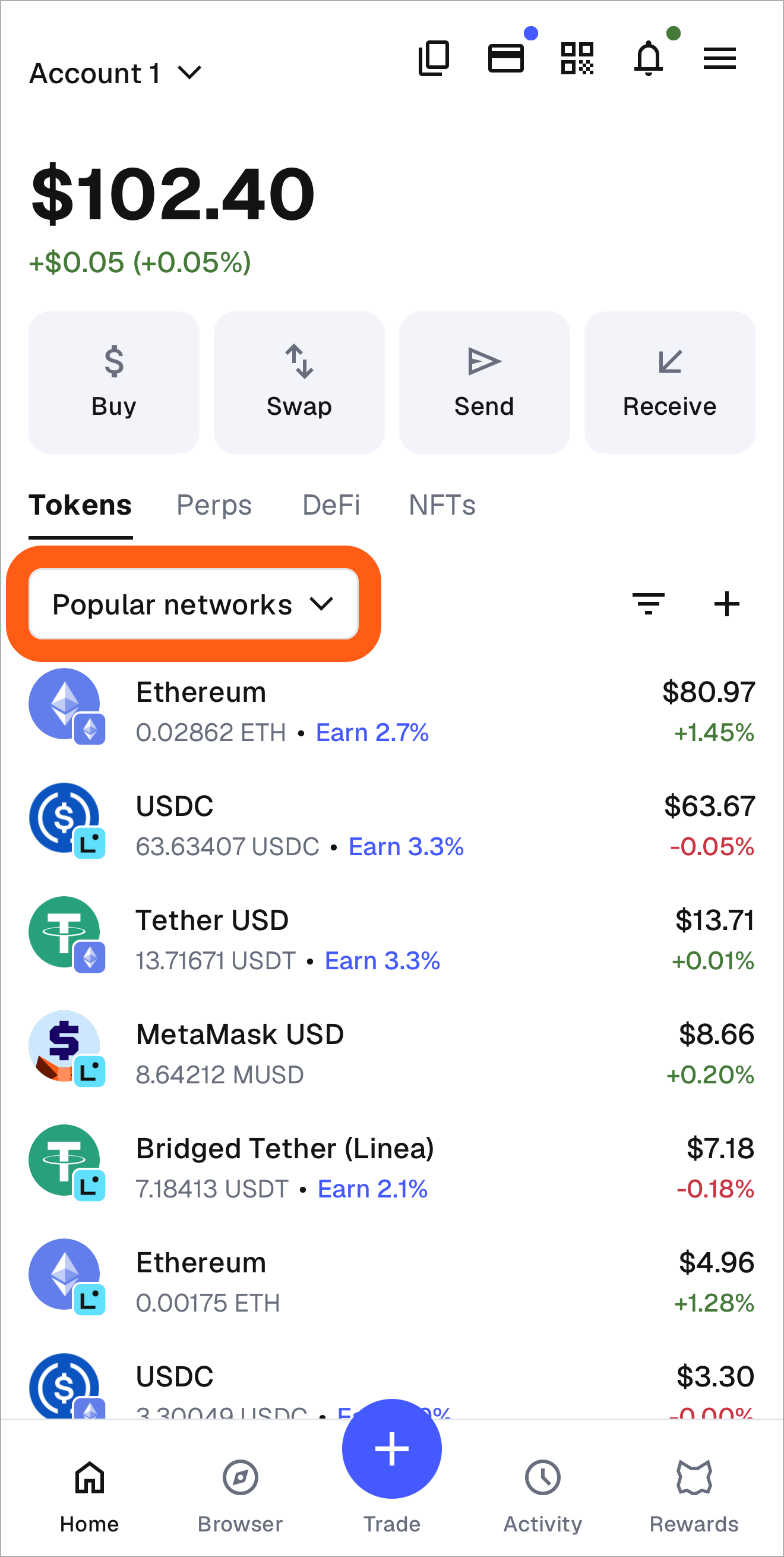 MetaMask mobile popular networks tab