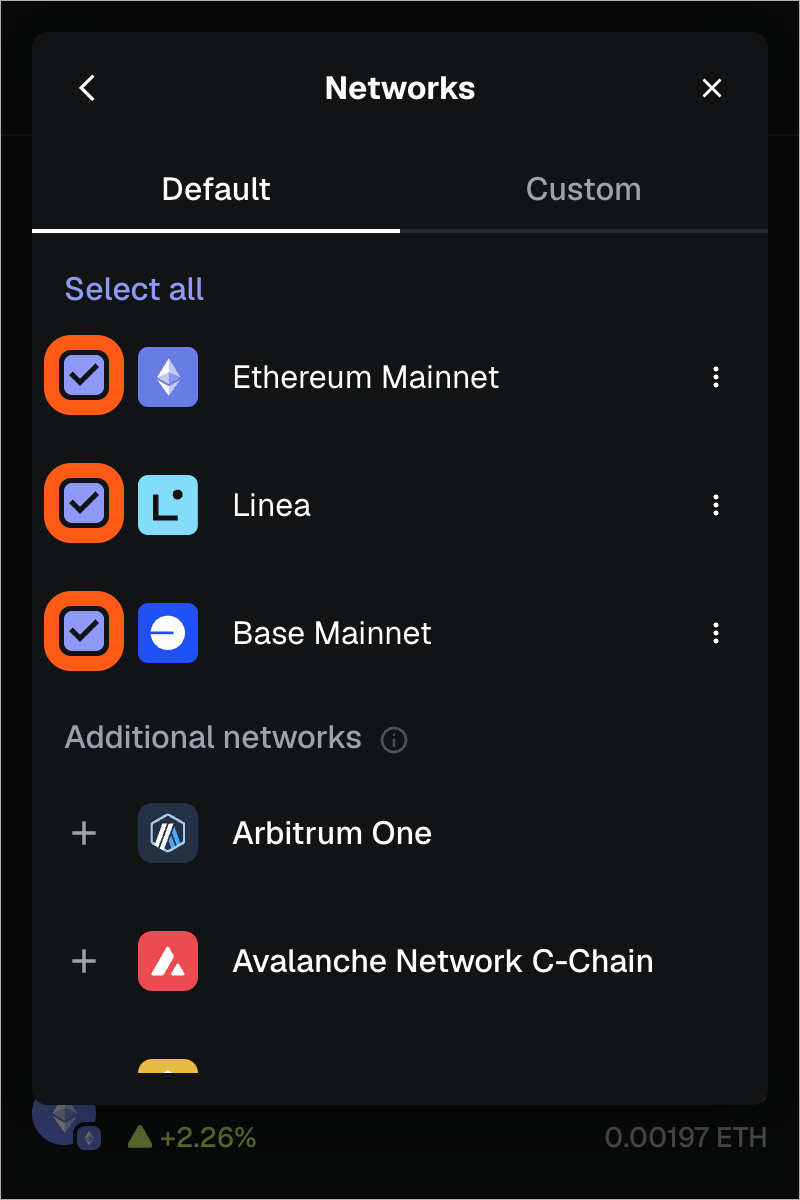 MetaMask extension enabled networks toggle default network