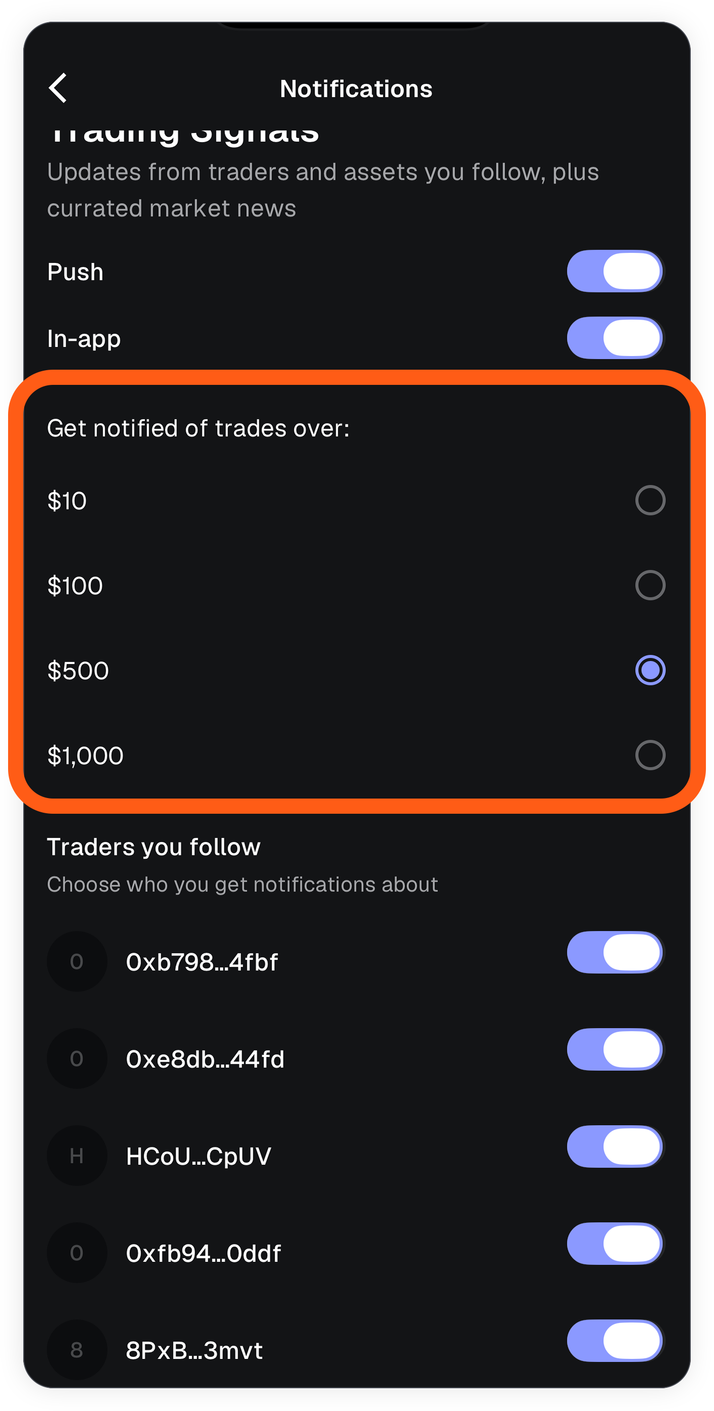 MetaMask mobile follow trading set notification trade value threshold