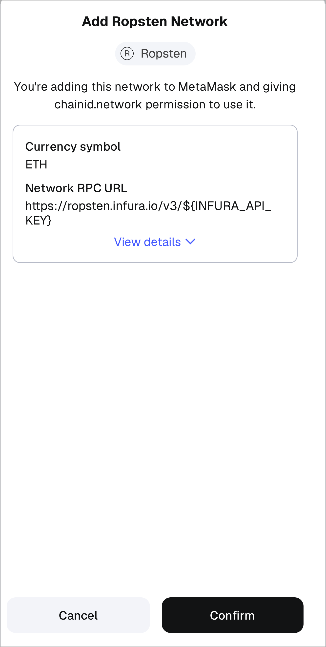 MetaMask mobile add network from chainlist confirmation