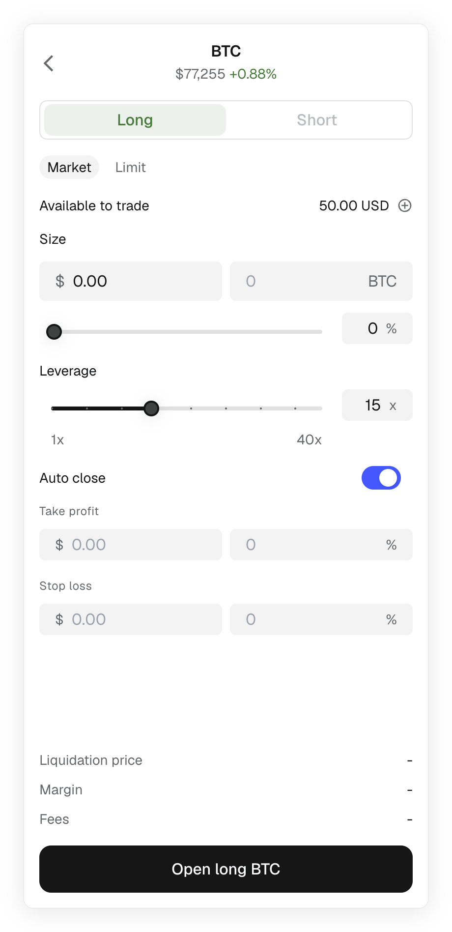 MetaMask extension perps configure options for auto close long position