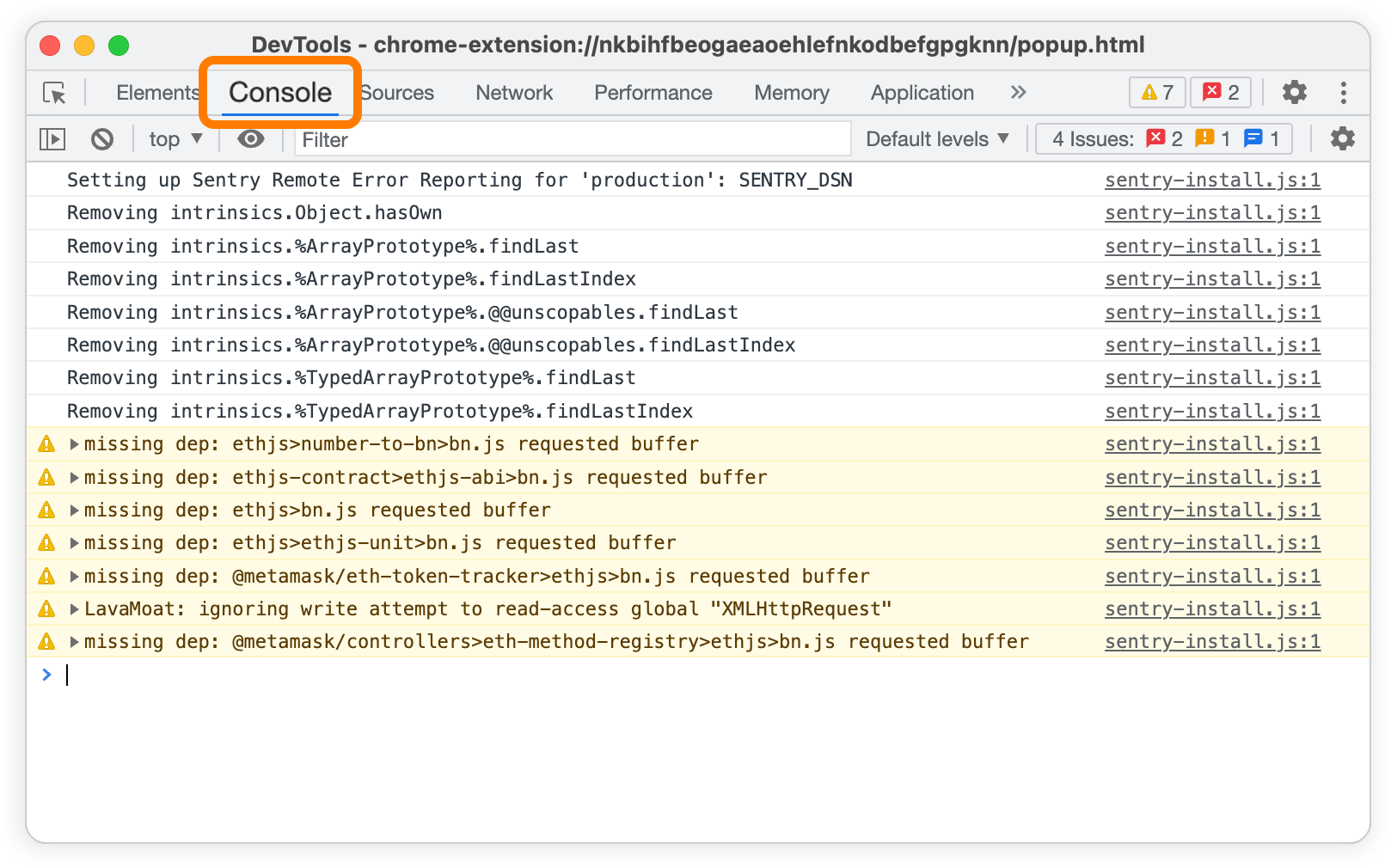 Chrome popup logs
MetaMask