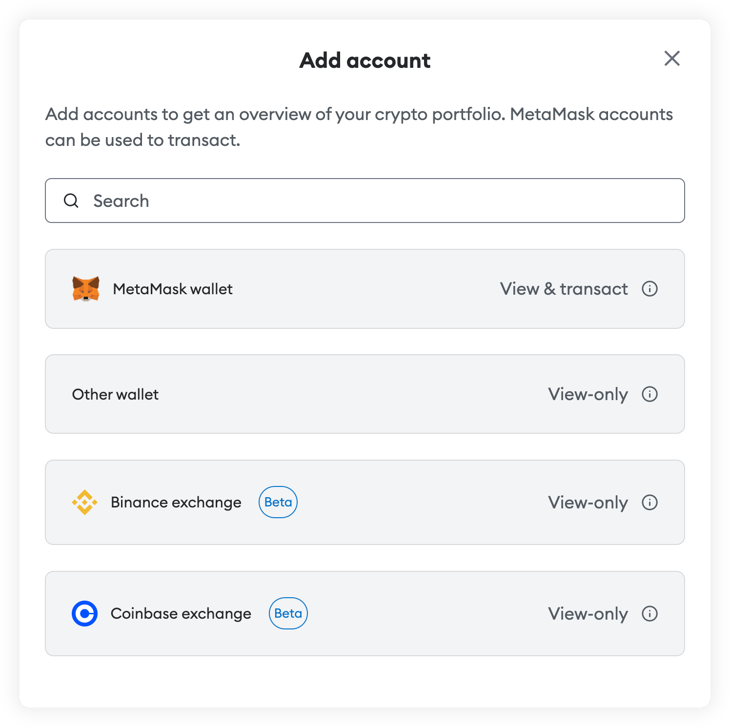 MetaMask Portfolio add CEX
menu