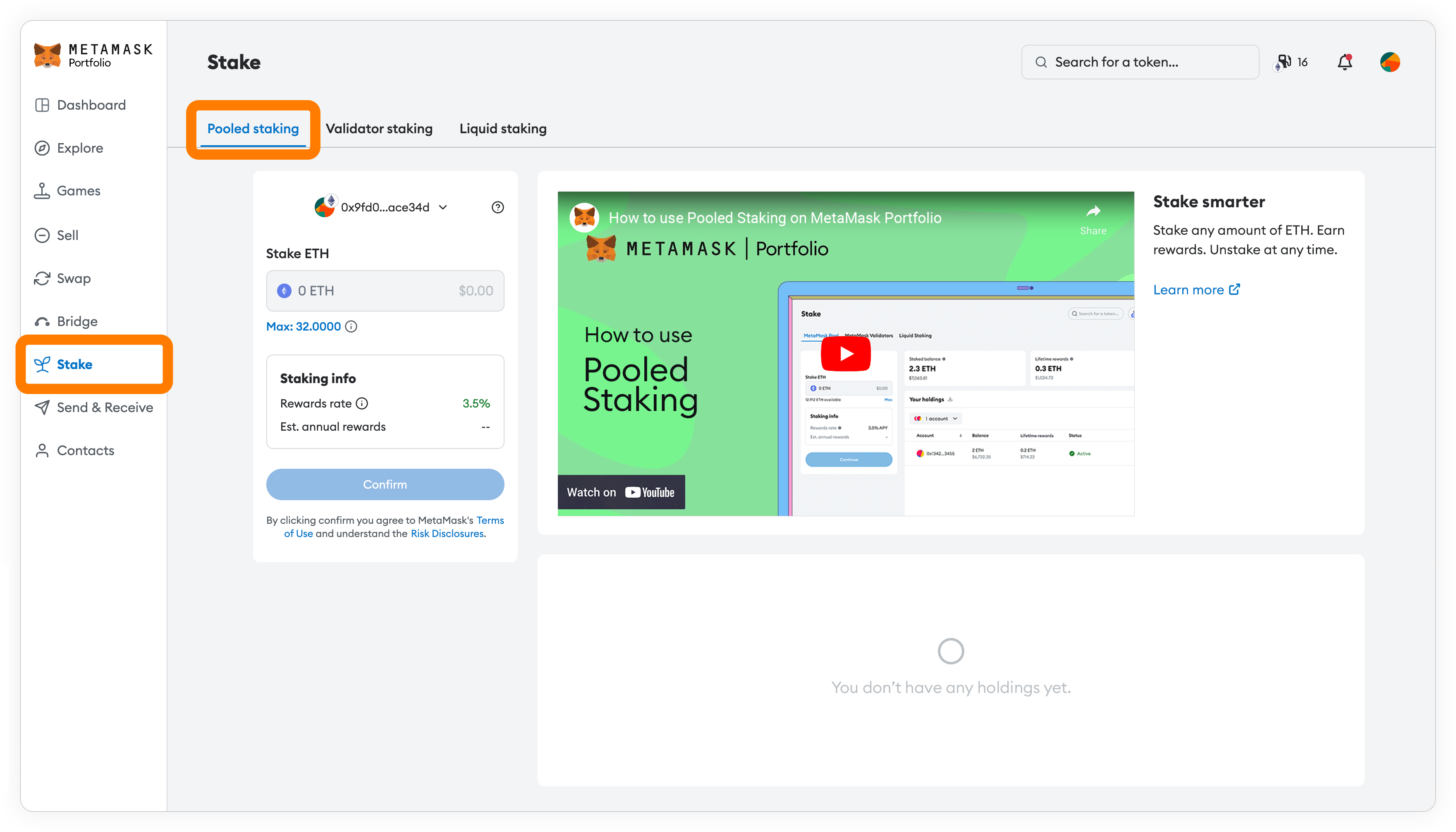 MetaMask Portfolio pooled staking
tab