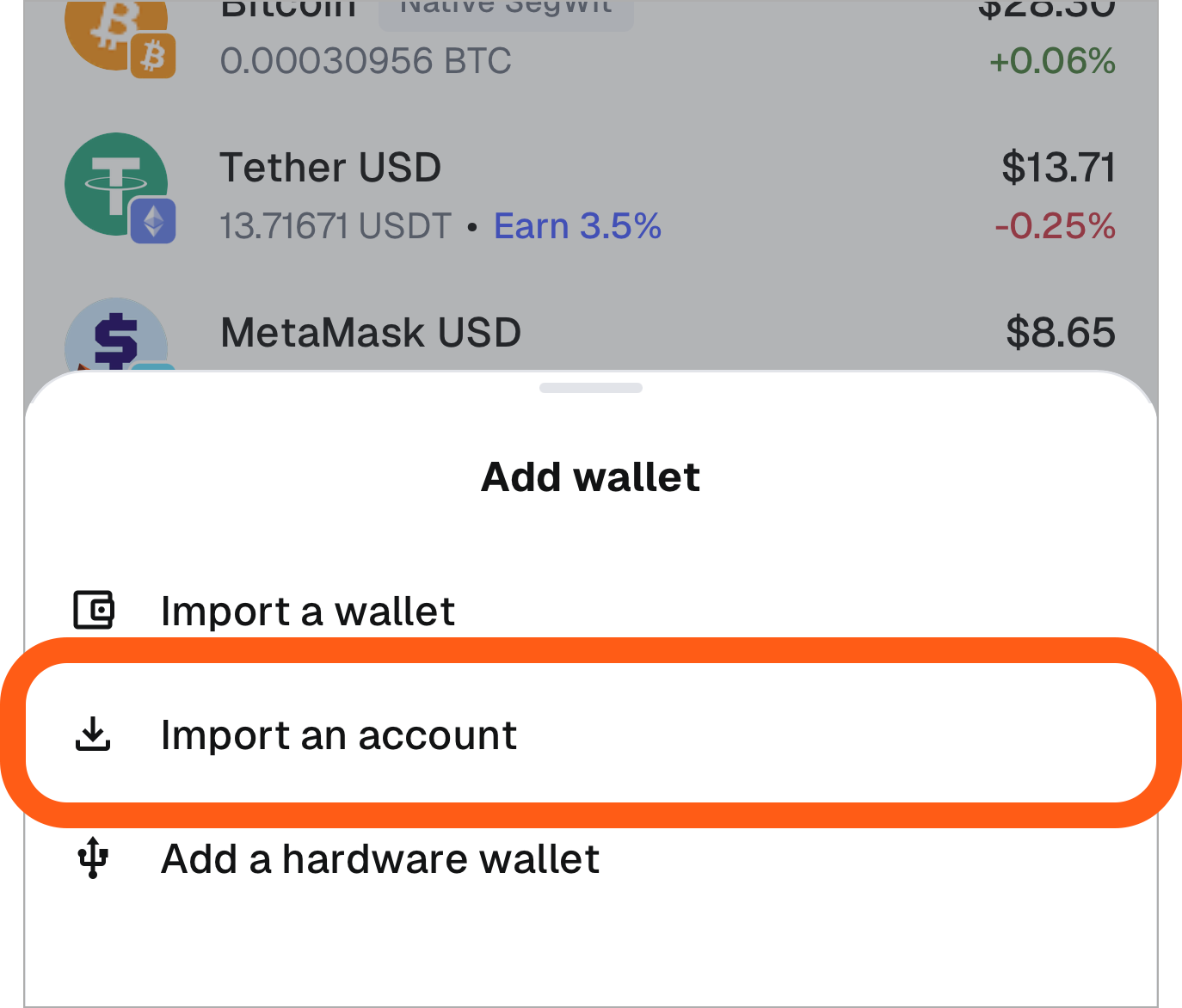 MetaMask mobile add wallet import an account