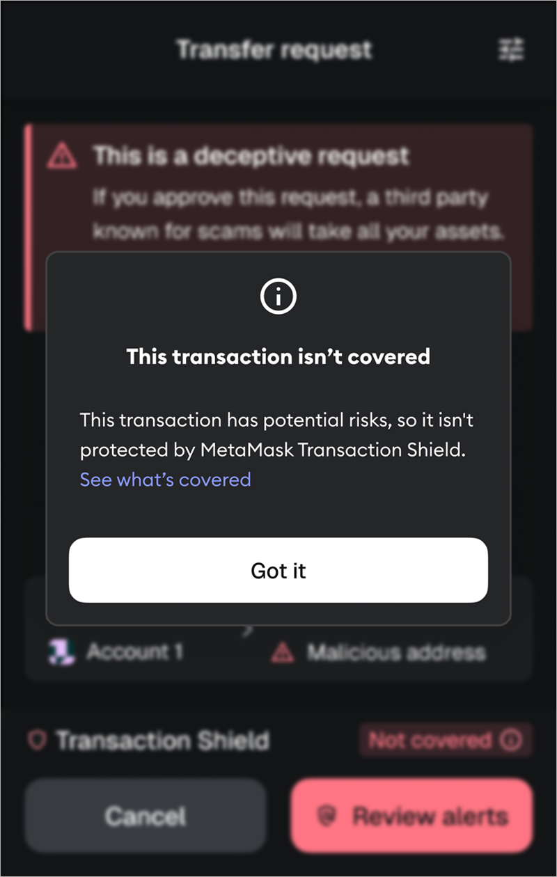 MetaMask extension transaction shield covered and not covered potential risk