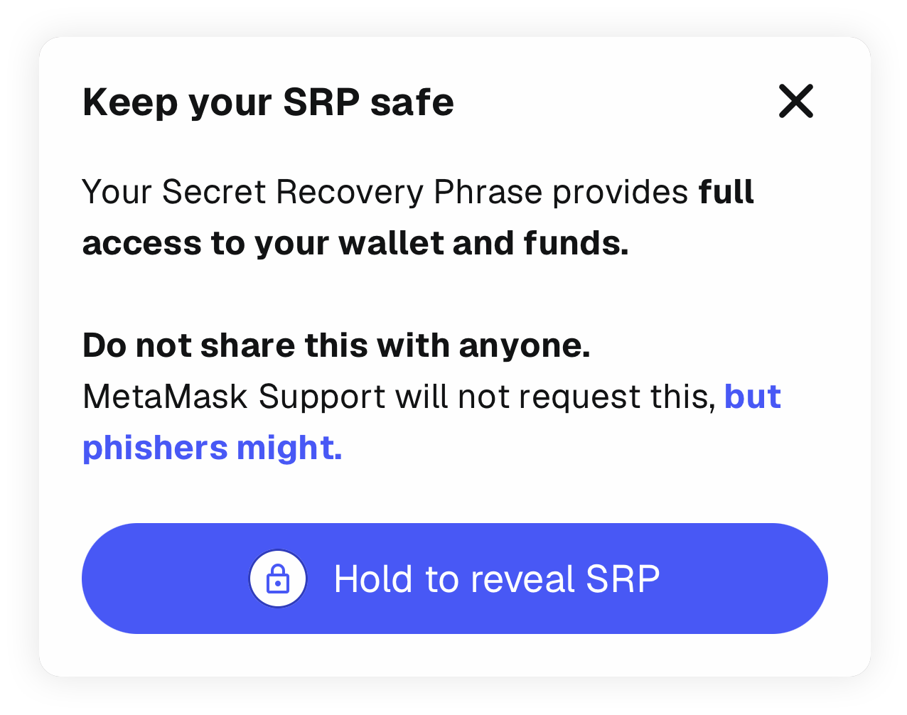 ปุ่มกดค้างสำหรับเปิดเผยวลีกู้คืนรหัสในแอปมือถือ MetaMask