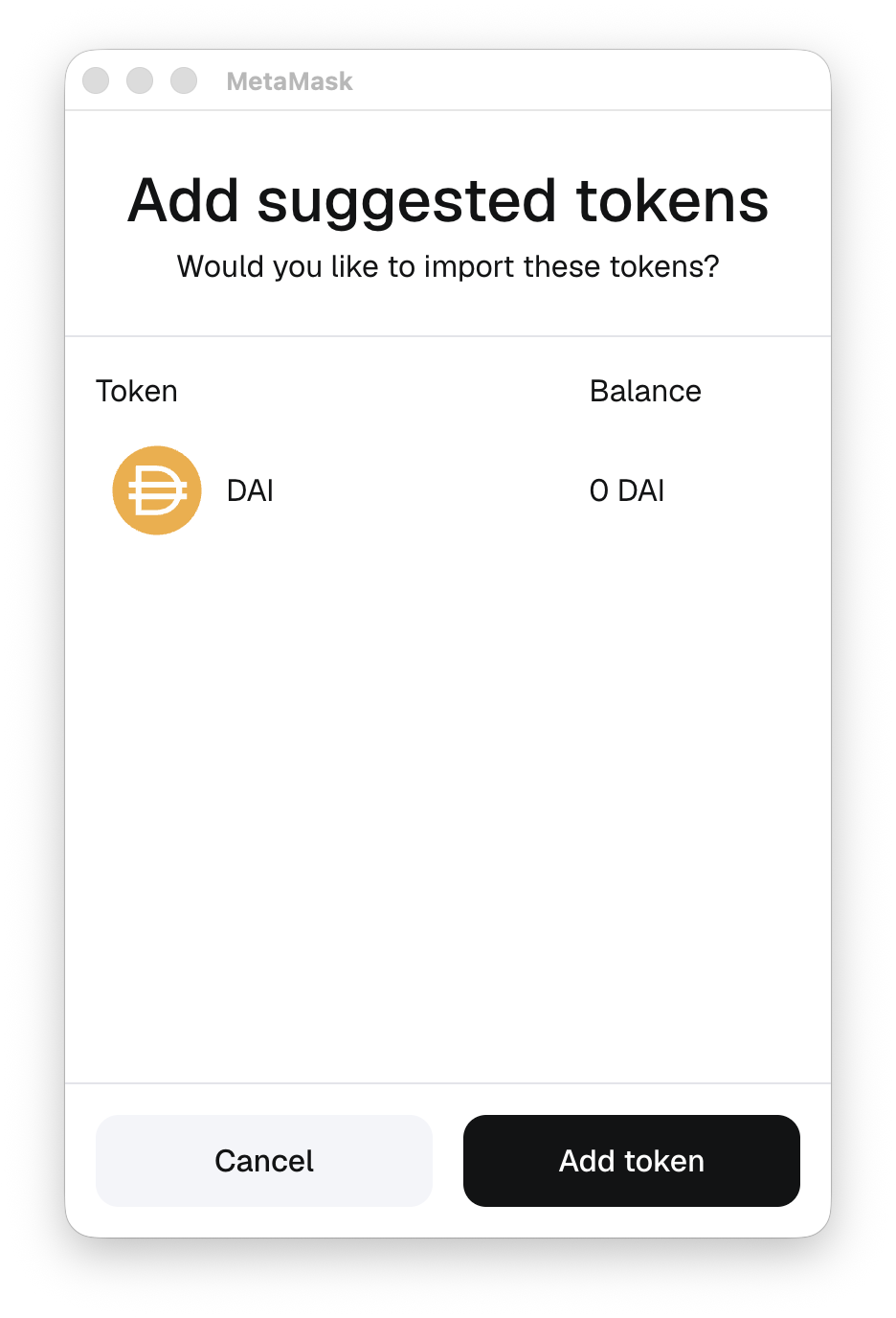 MetaMask extension add suggested tokens confirmation prompt
