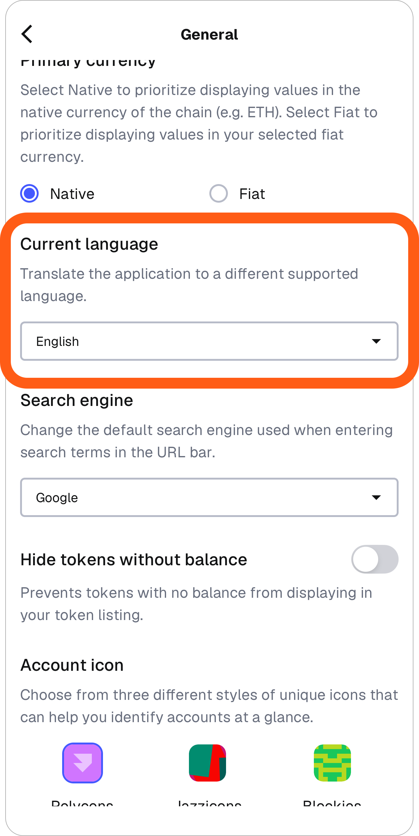 MetaMask mobile general settings change language