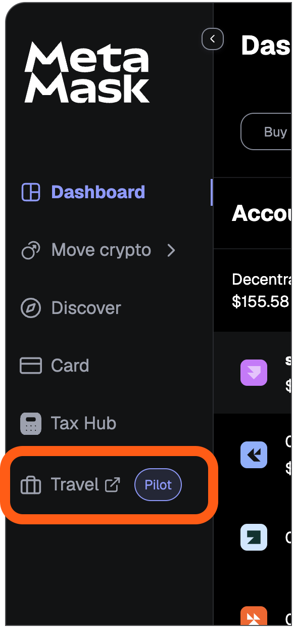 MetaMask portfolio travel tab
