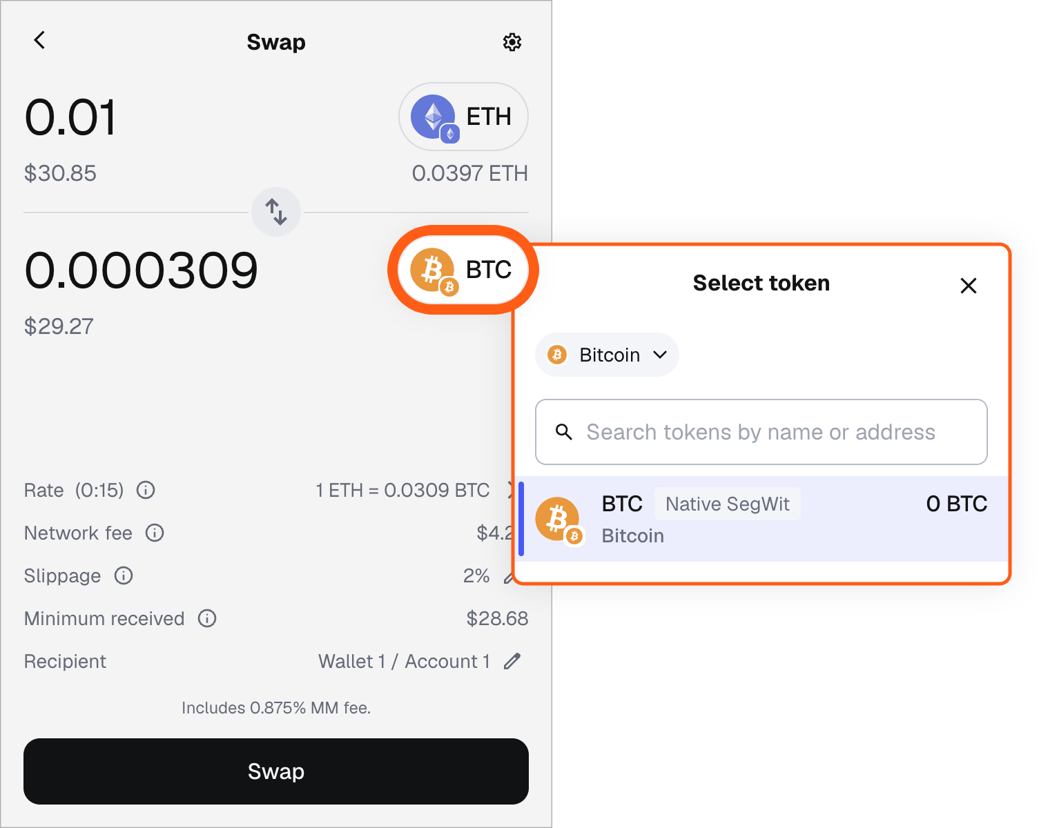 MetaMask extension choose Bitcoin as destination token and network