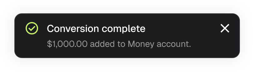 MetaMask mobile money account conversion complete confirmation message