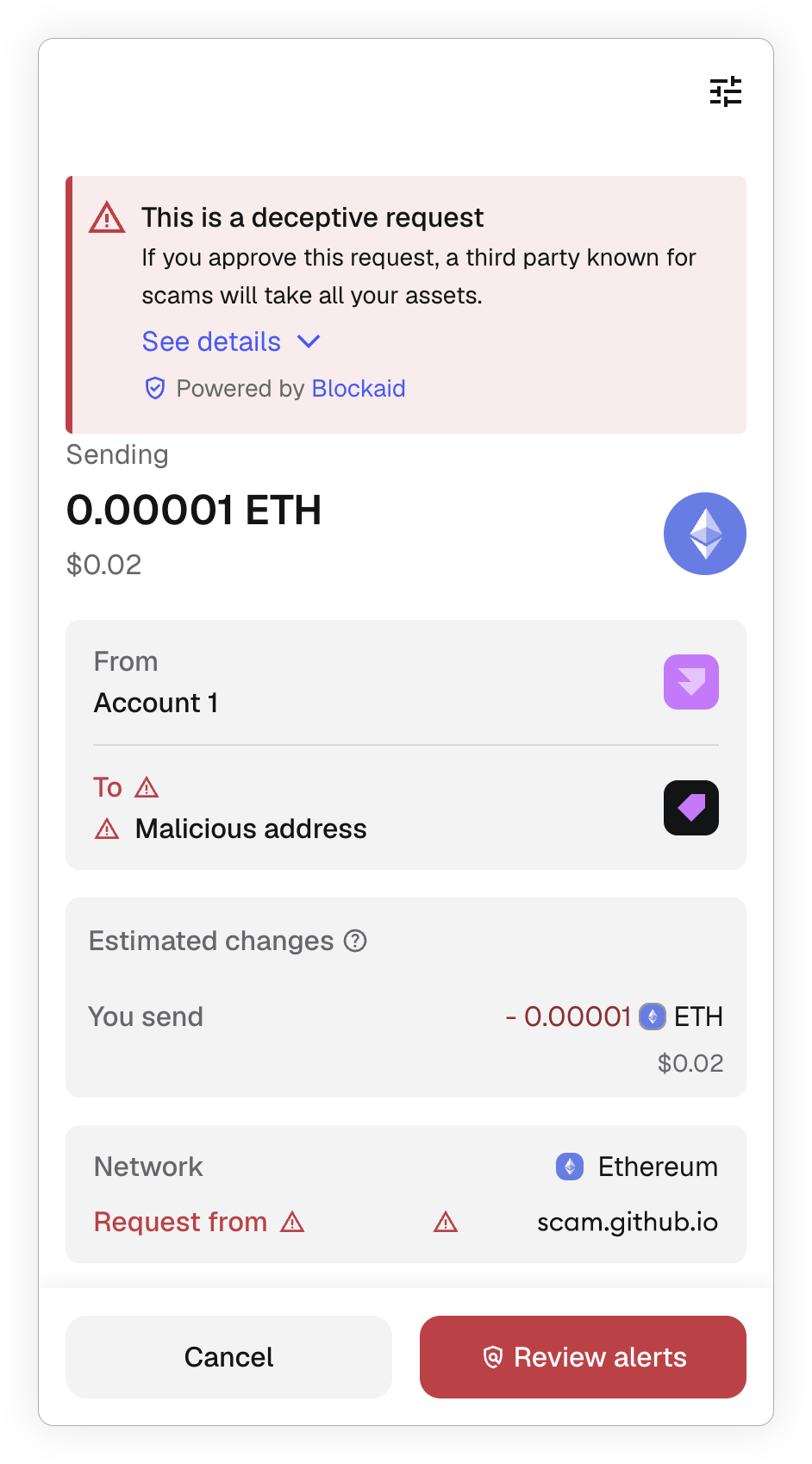 MetaMask extension deceptive request example