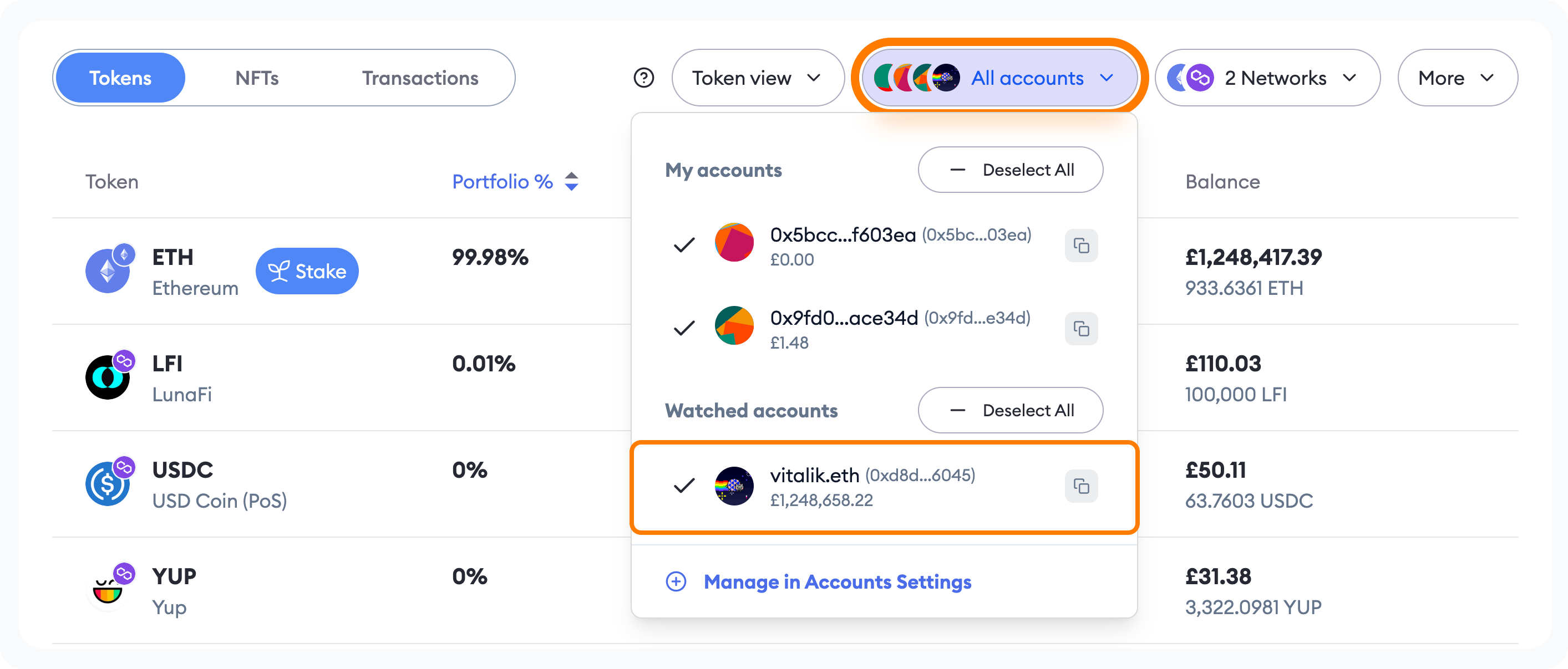 MetaMask Portfolio view watched accounts
dashboard