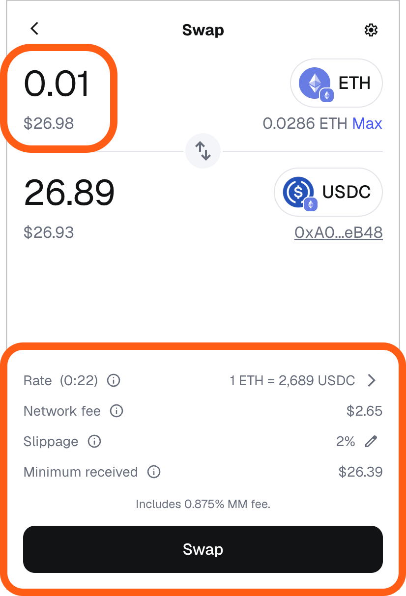 MetaMask extension select amount to swap and review quote