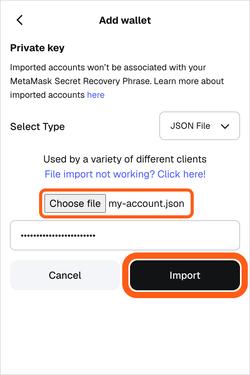 MetaMask extension add wallet import an account from JSON file