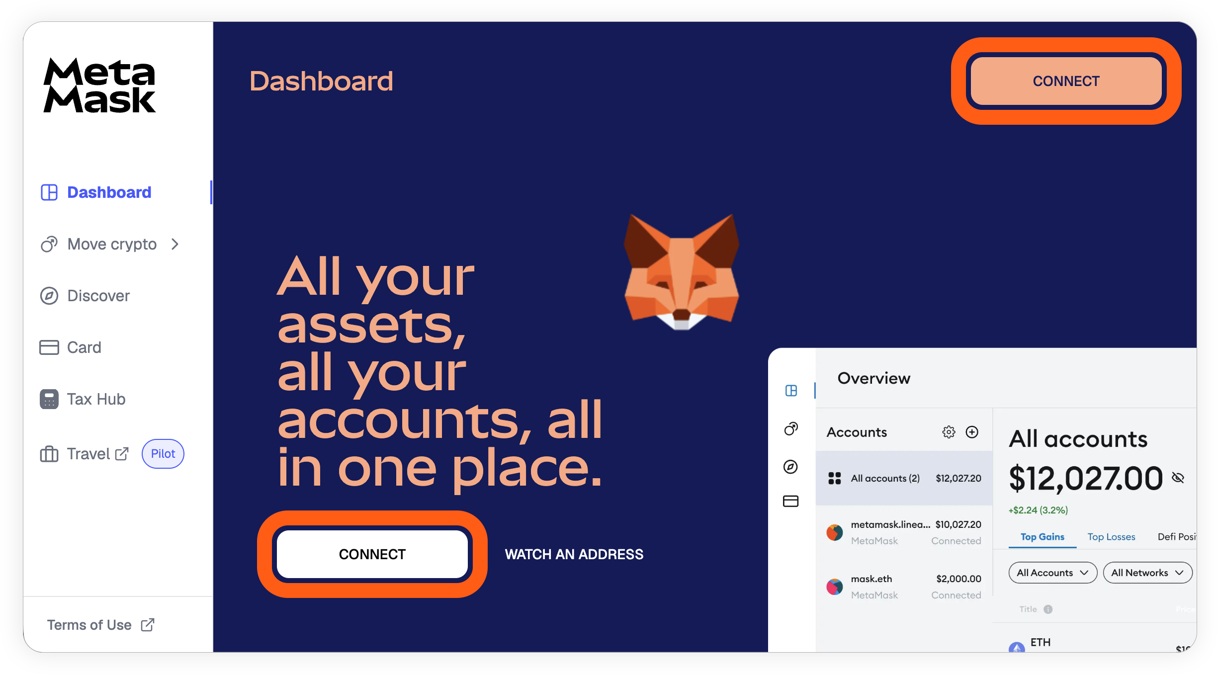 MetaMask desktop portfolio app connect wallet buttons