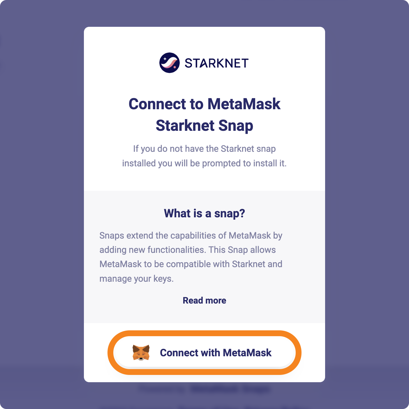 Connect to MetaMask Starknet Snap
modal