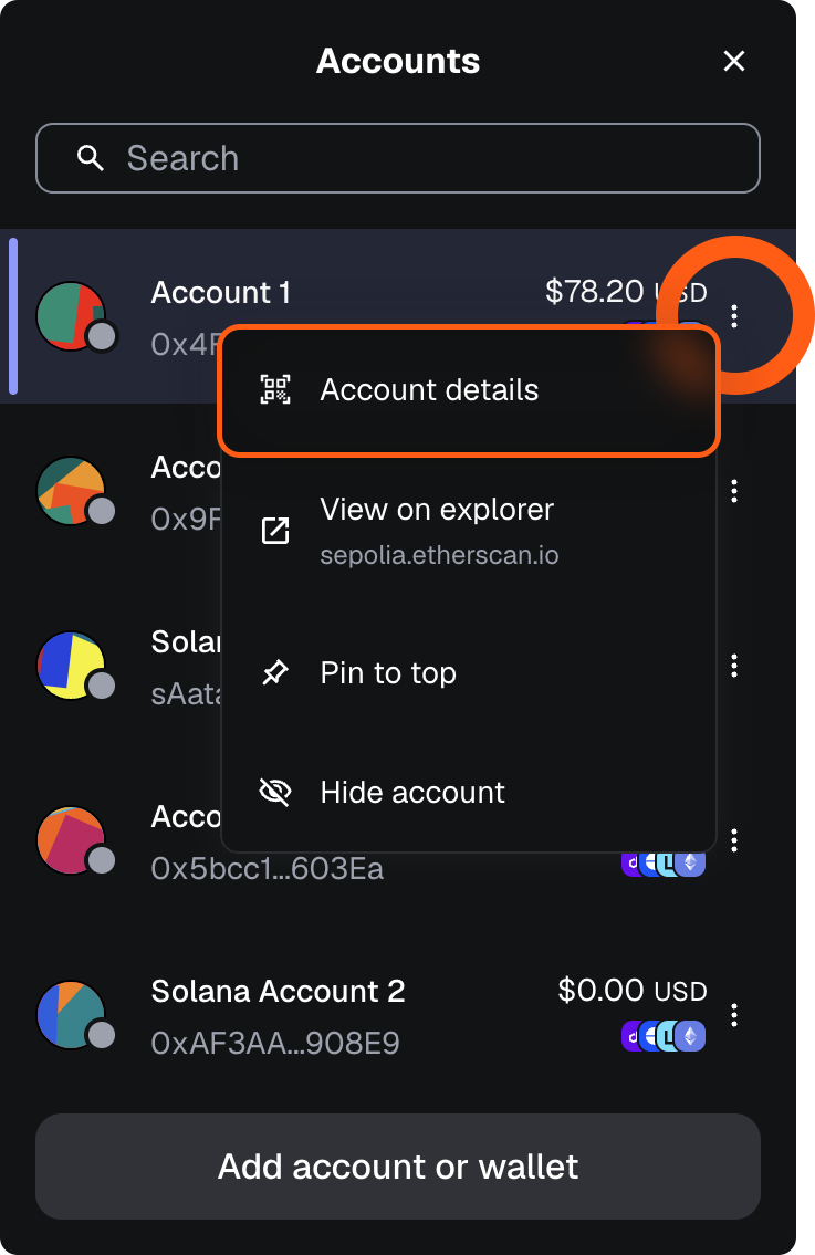 MetaMask extension account list view account details