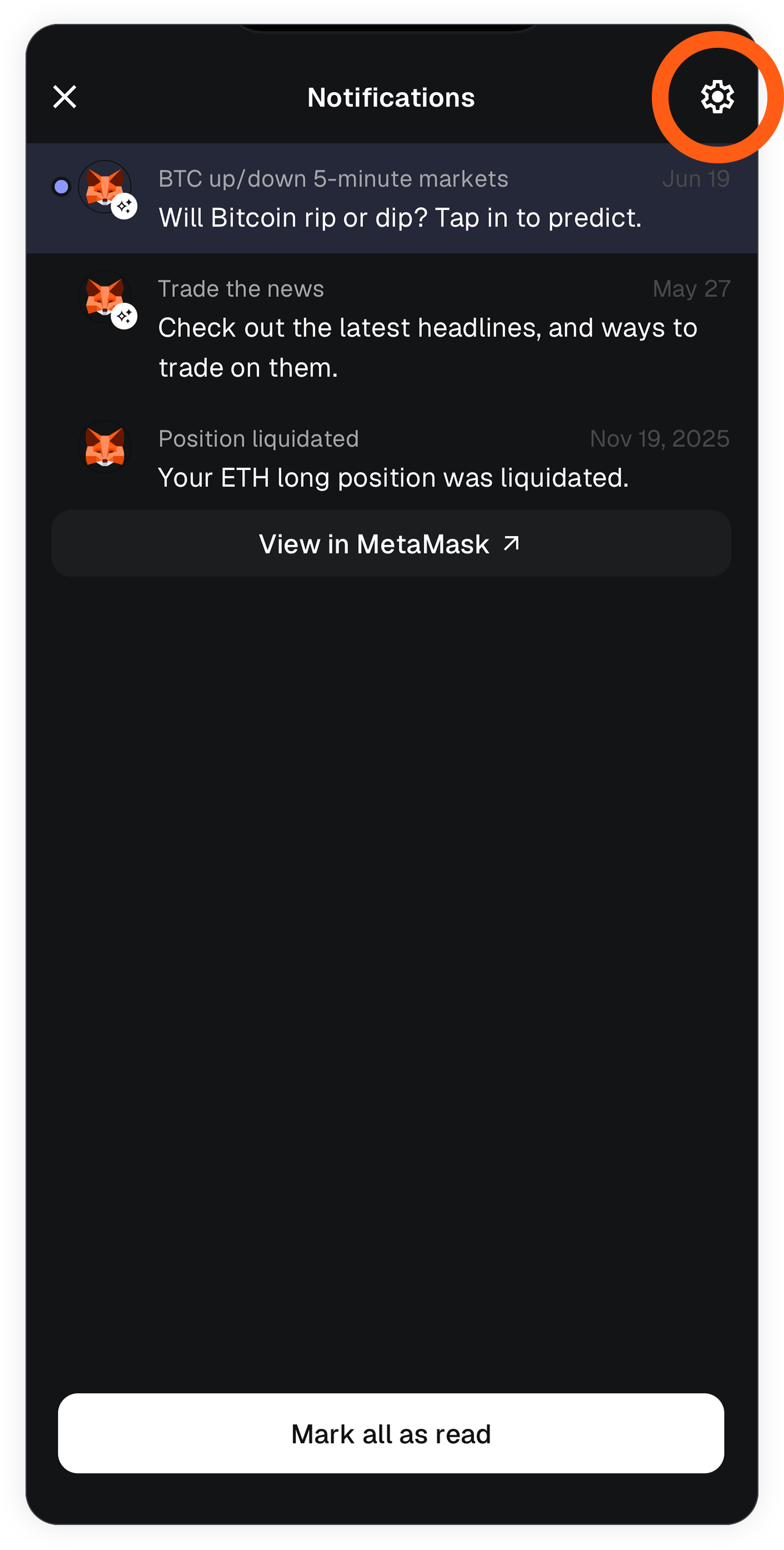 MetaMask mobile notifications settings gear icon