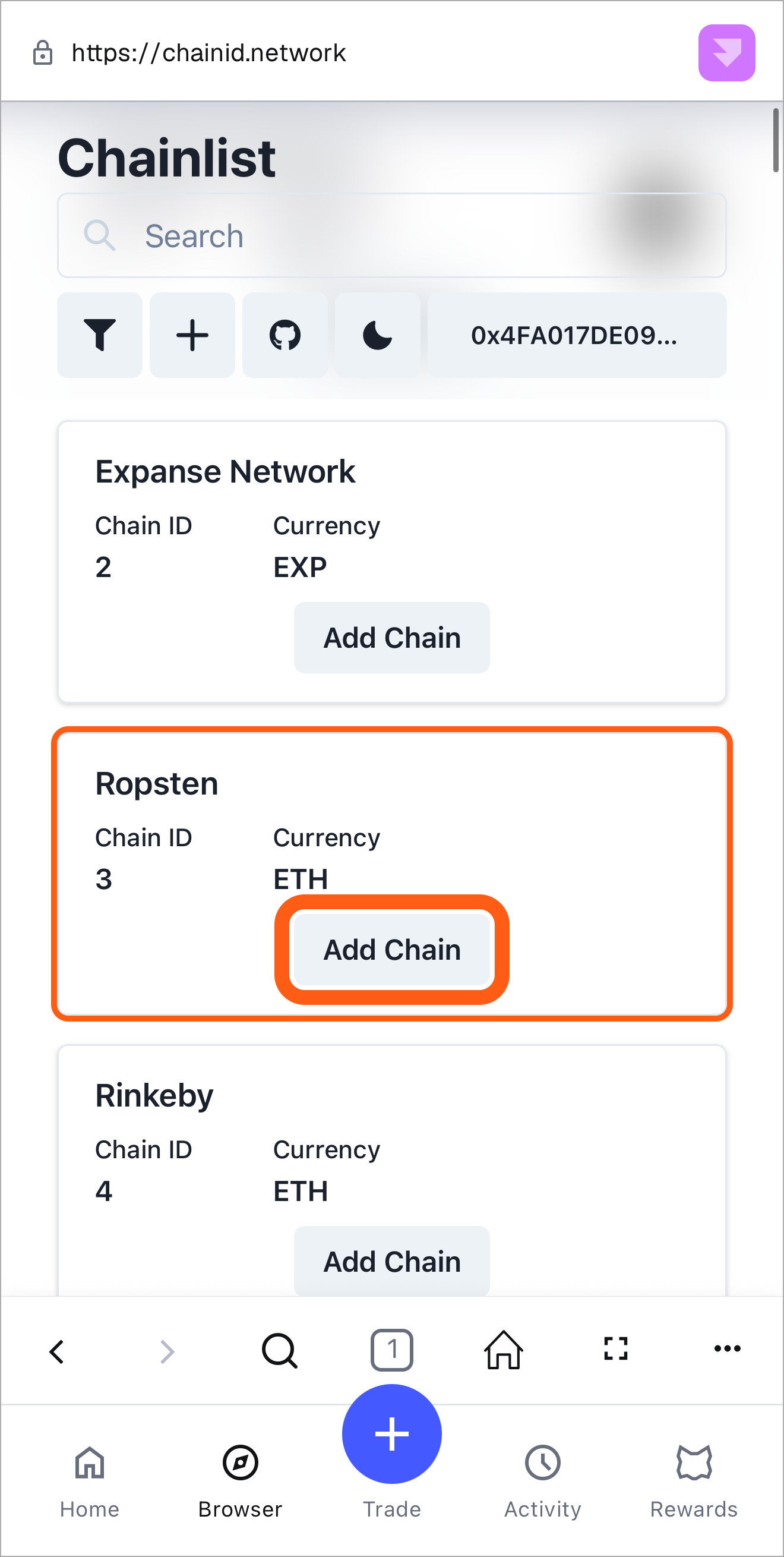 MetaMask mobile chainlist add chain button