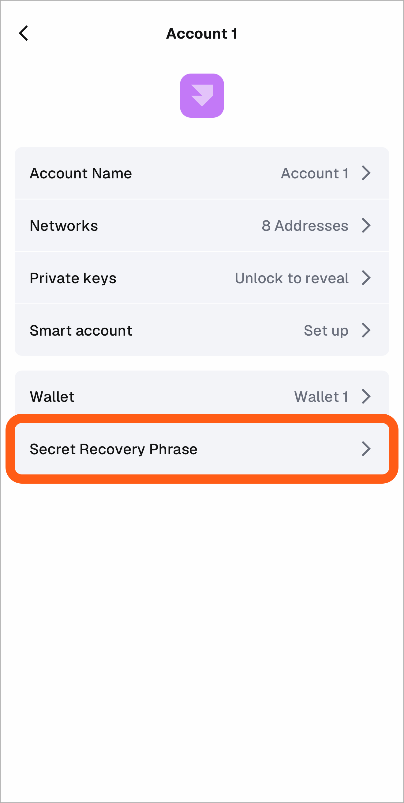 รายละเอียดบัญชีเลือกวลีกู้คืนรหัสในแอปมือถือ MetaMask