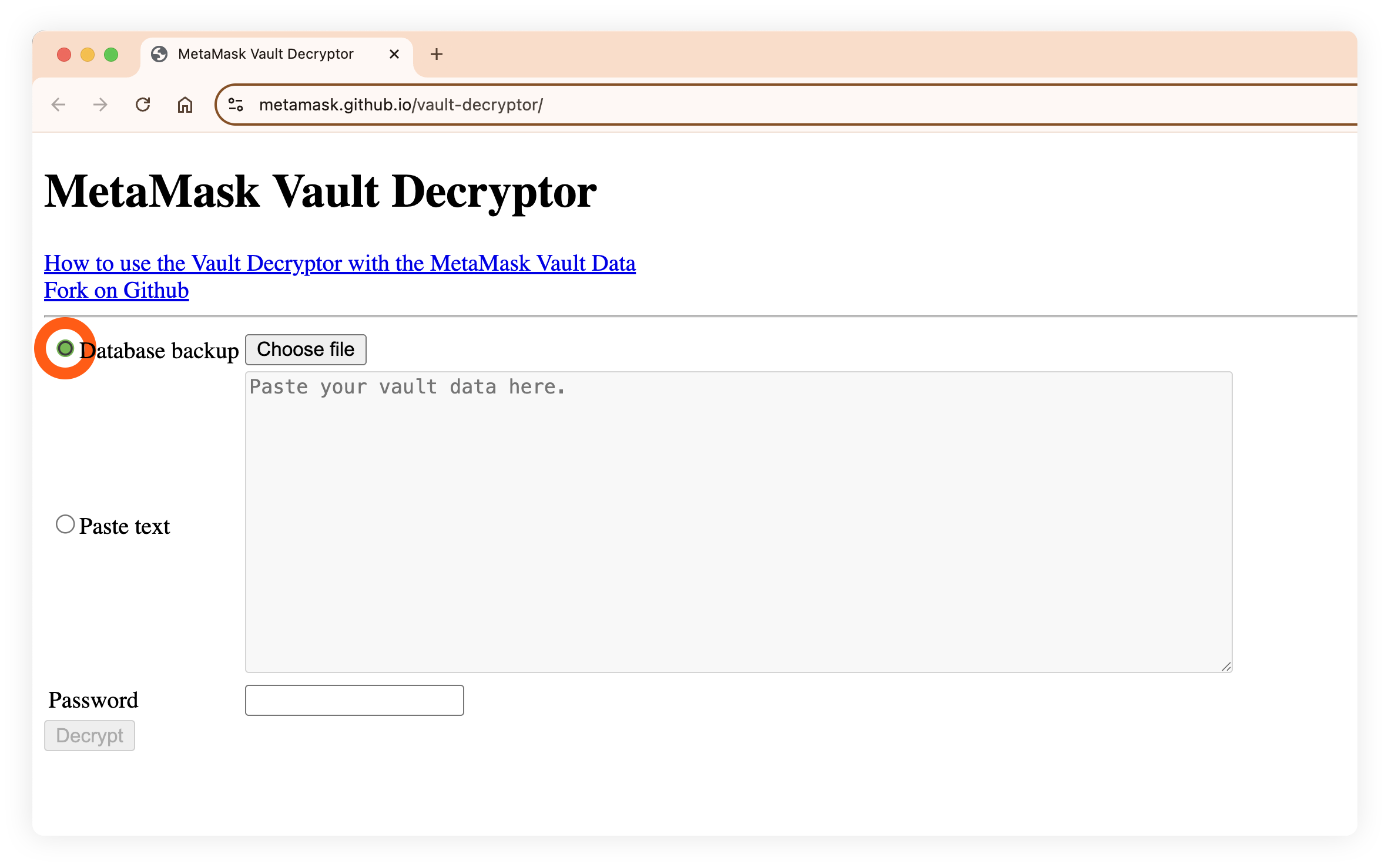 Vault decryptor select database backup