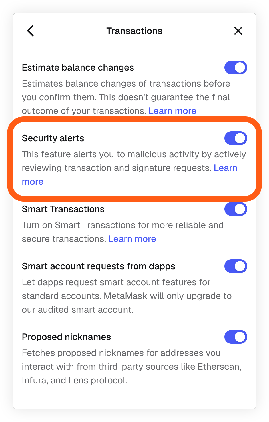 MetaMask extension locate settings transactions security alerts toggle
