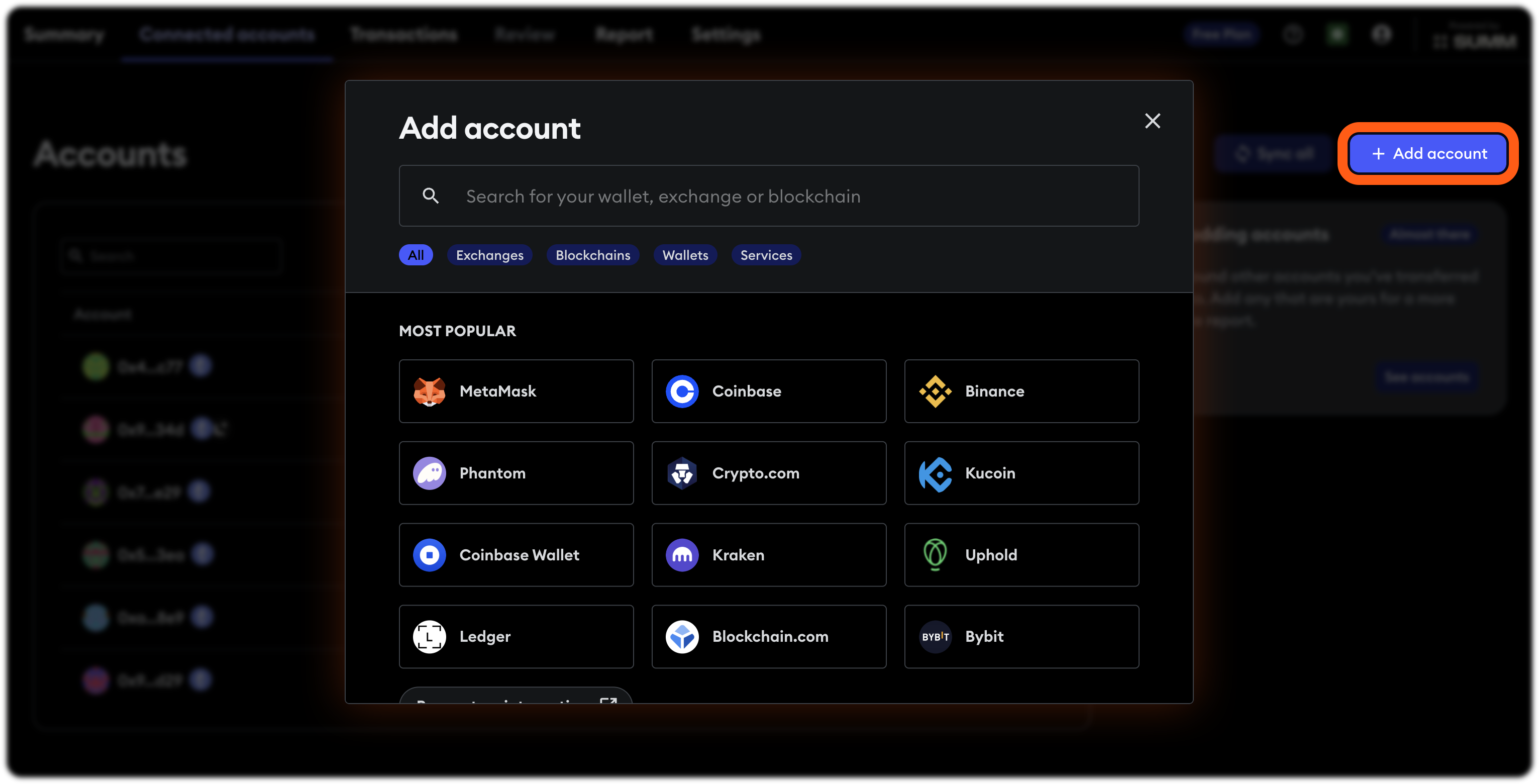 MetaMask Portfolio Summ add account search modal