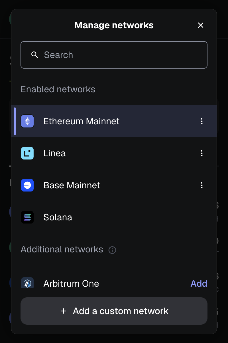 MetaMask extension manage networks list
