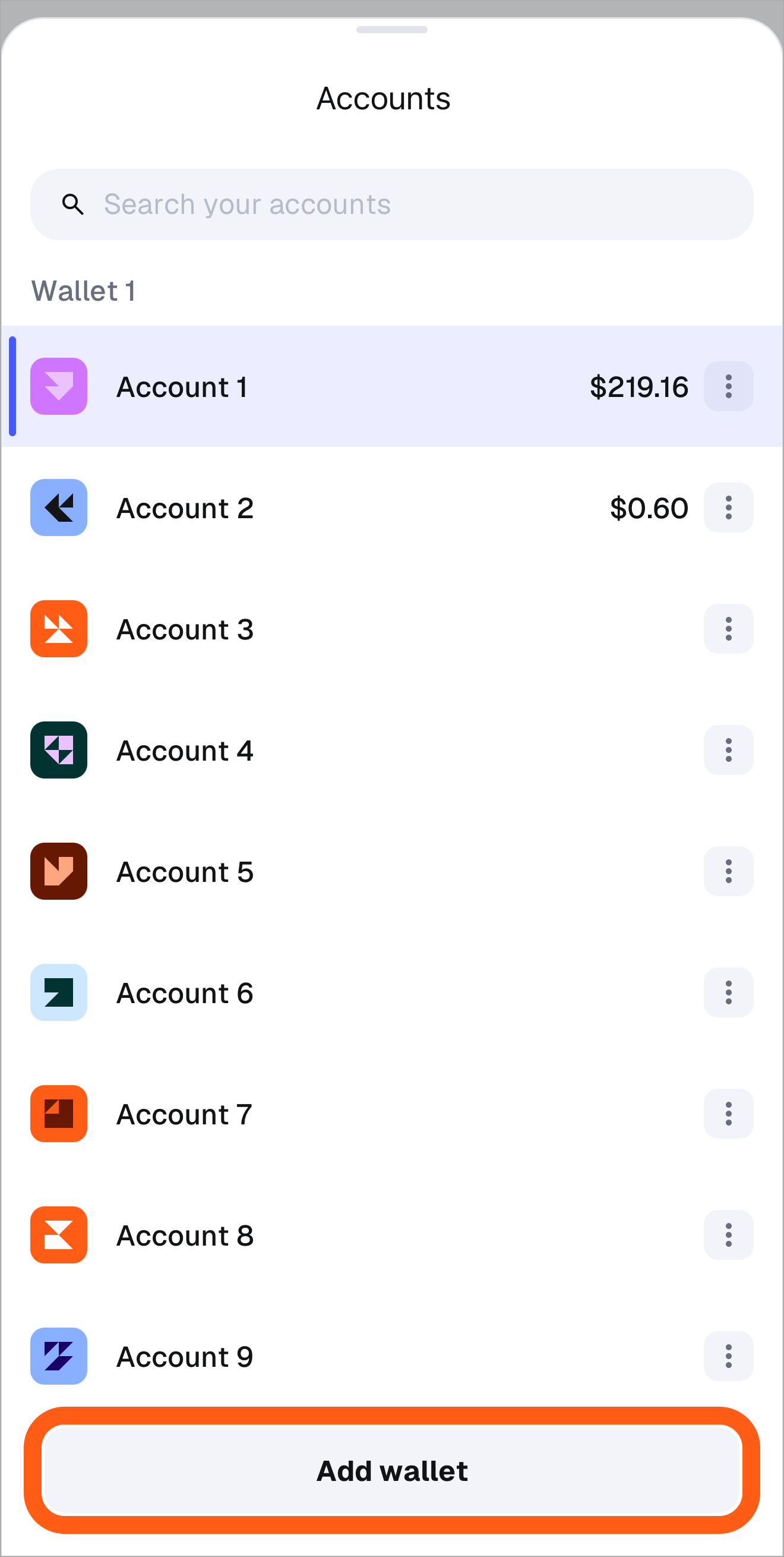 MetaMask mobile account selector add wallet button