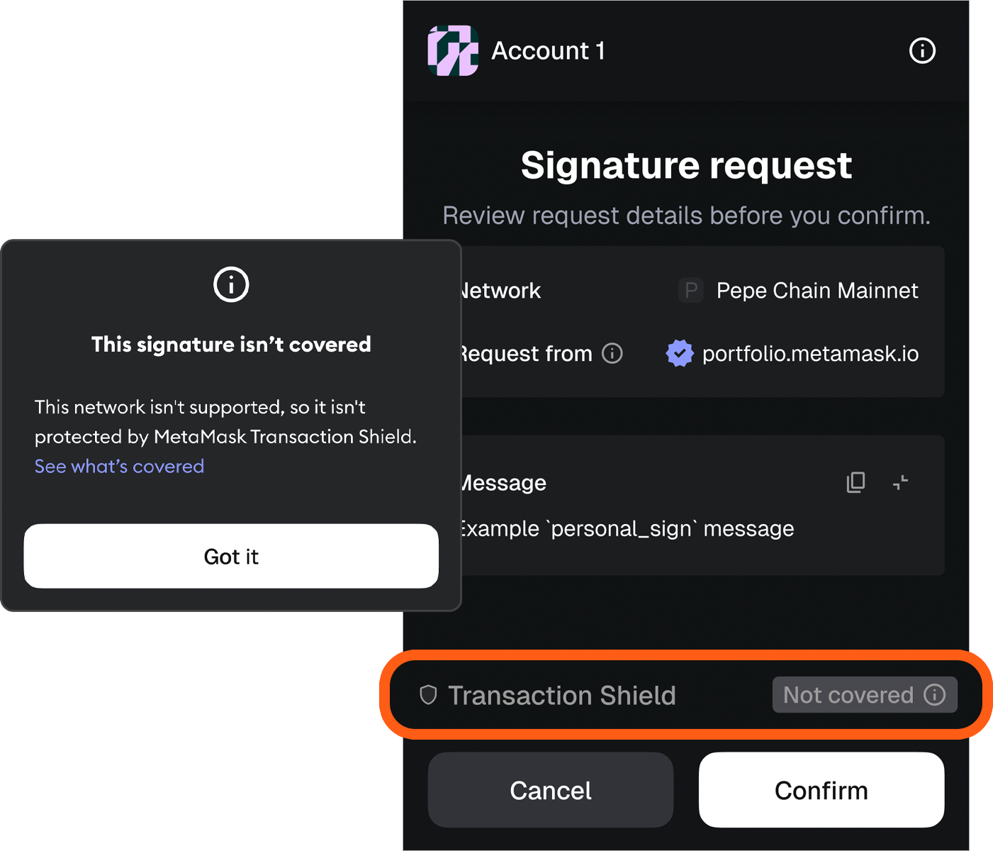 MetaMask extension transaction shield not covered signature