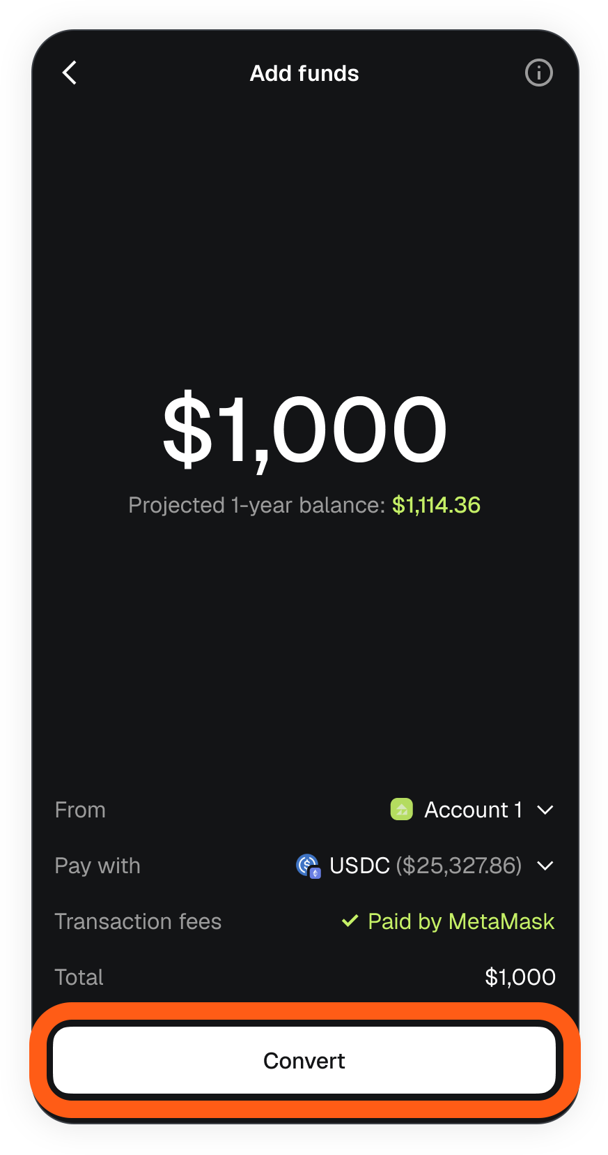 MetaMask mobile money account add funds confirm convert