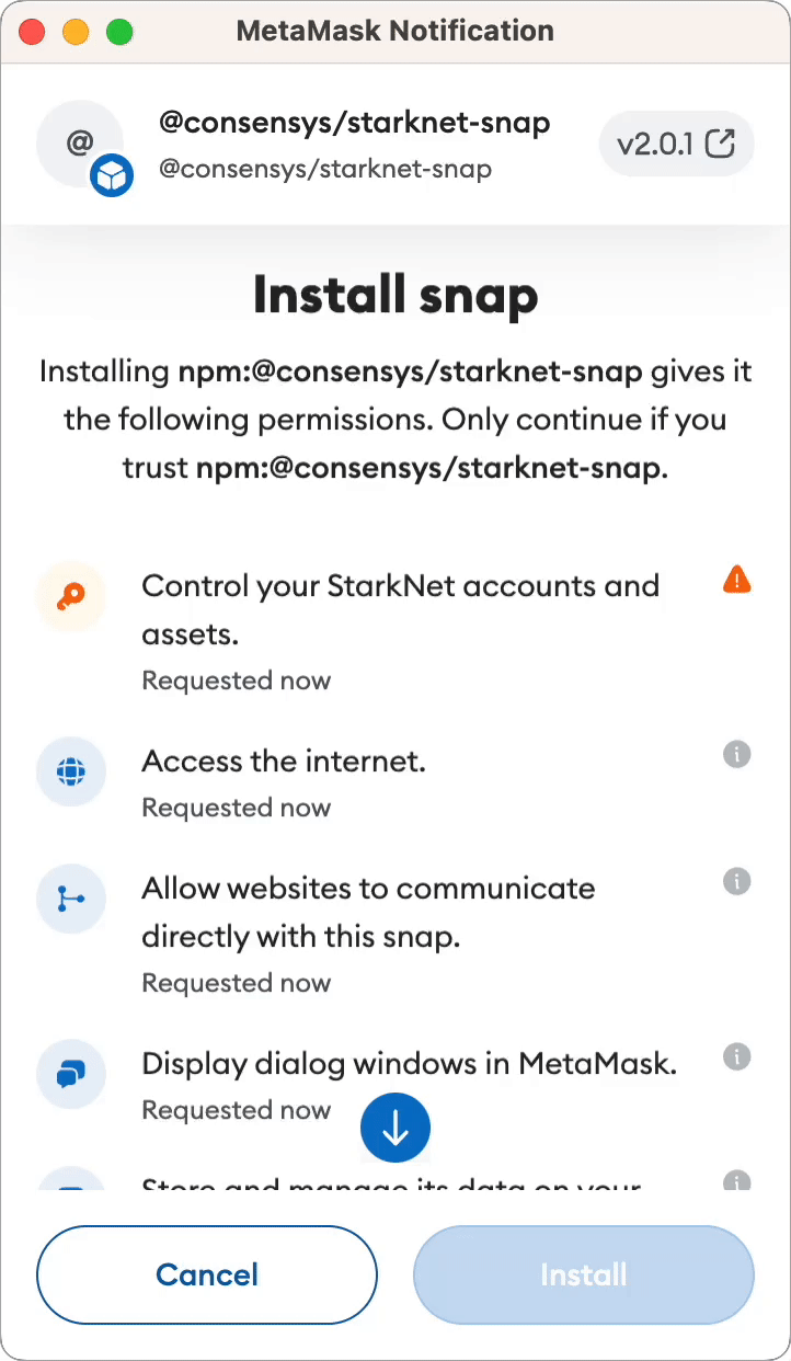 MetaMask Snap install permissions