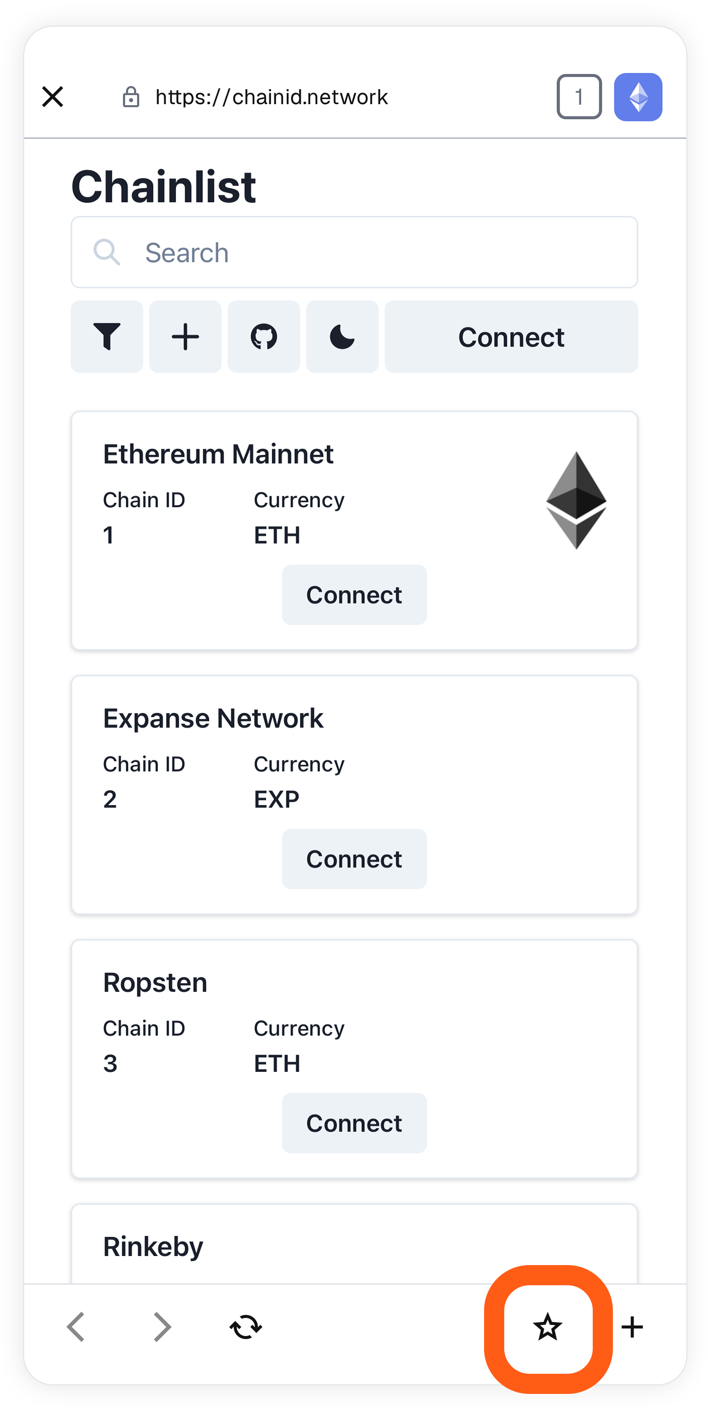 MetaMask mobile browser add to favorites star icon