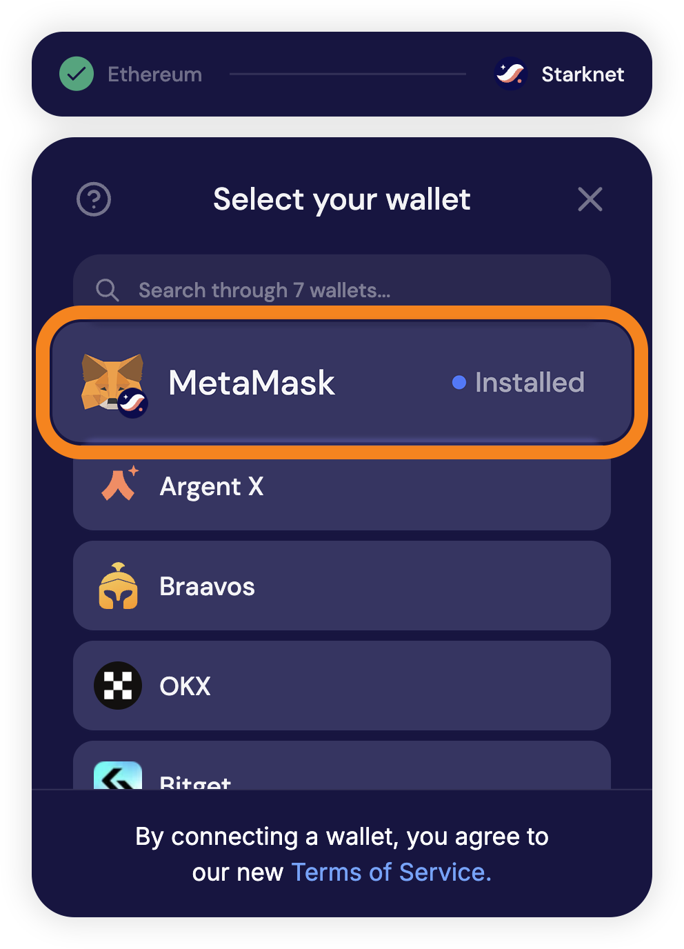 Select MetaMask for
Starknet