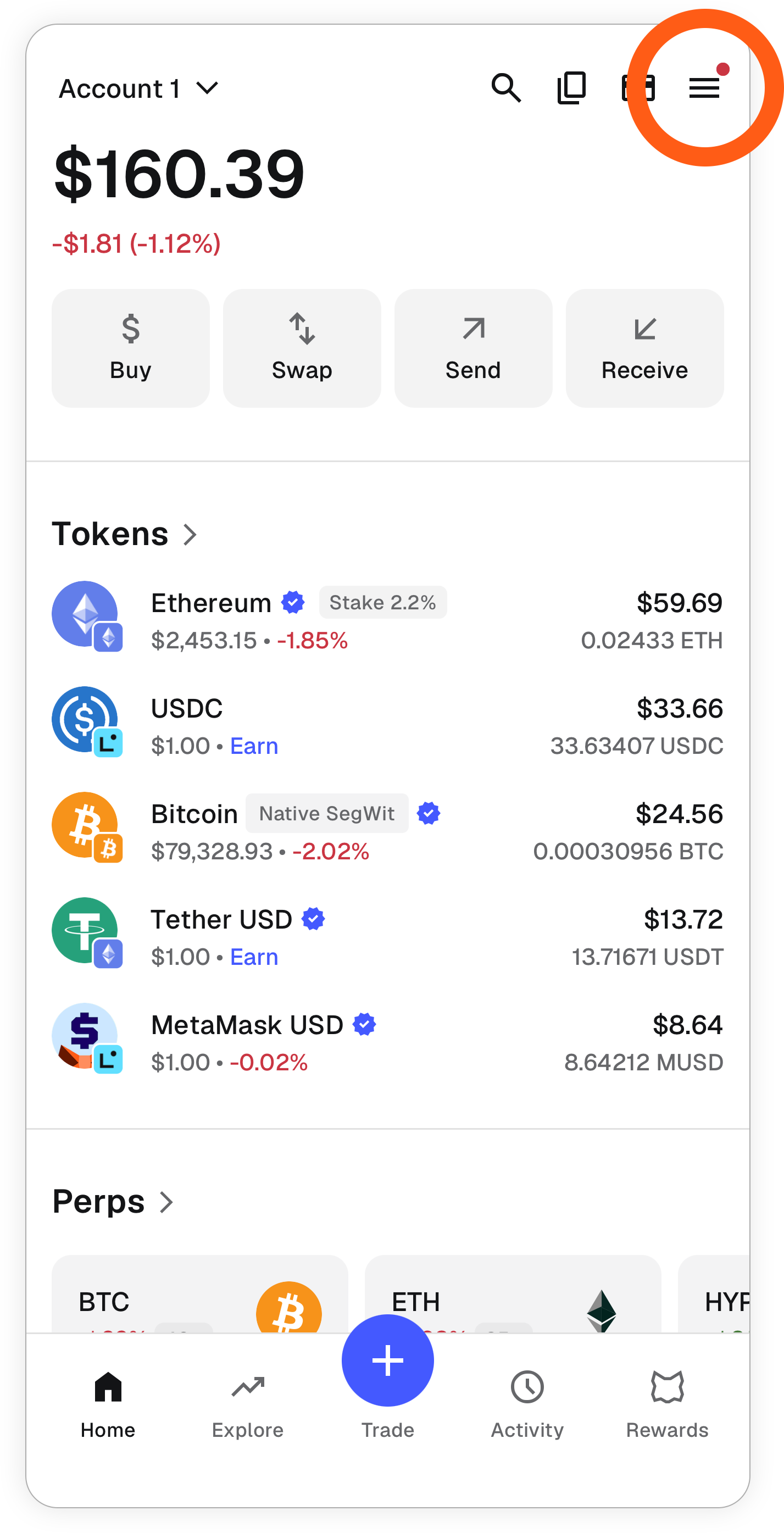 MetaMask Mobile locate hamburger menu