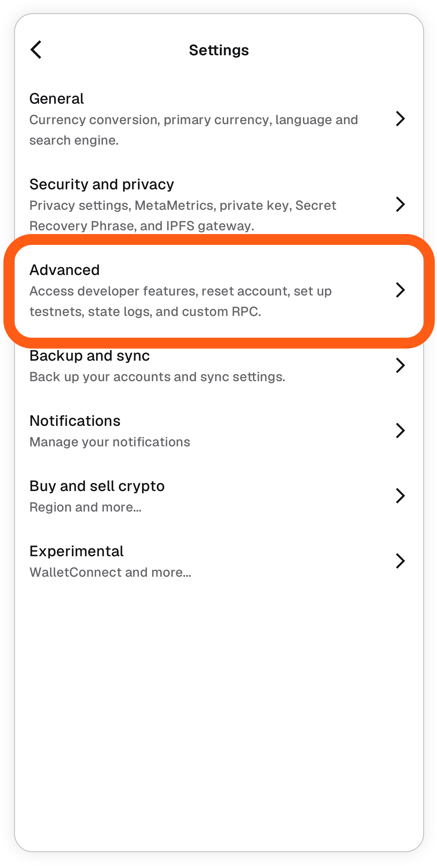MetaMask Mobile locate advanced settings menu