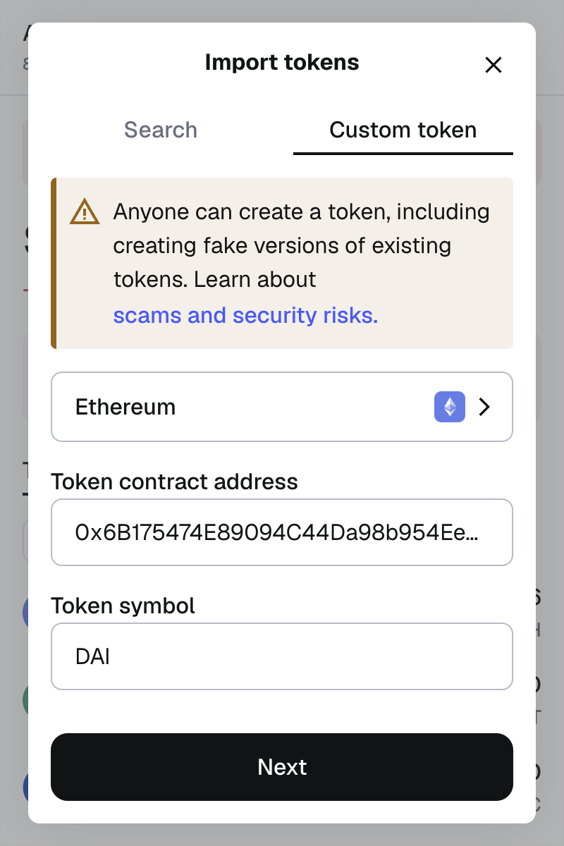MetaMask extension import token custom token modal tab fields