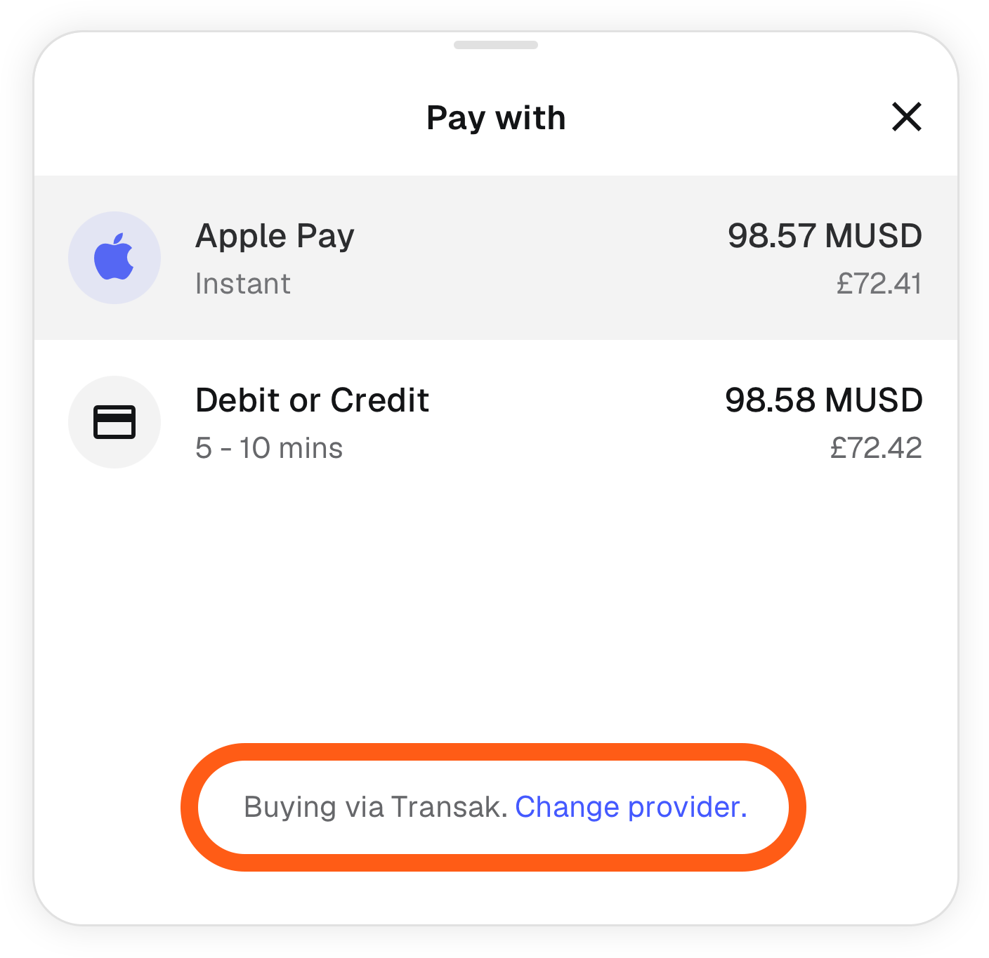 MetaMask mobile buy change provider
