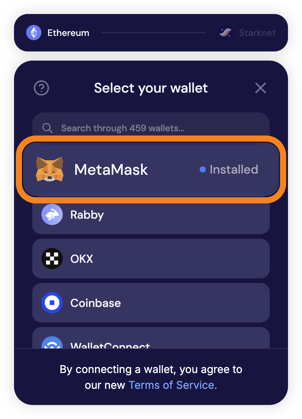Select MetaMask for
Ethereum