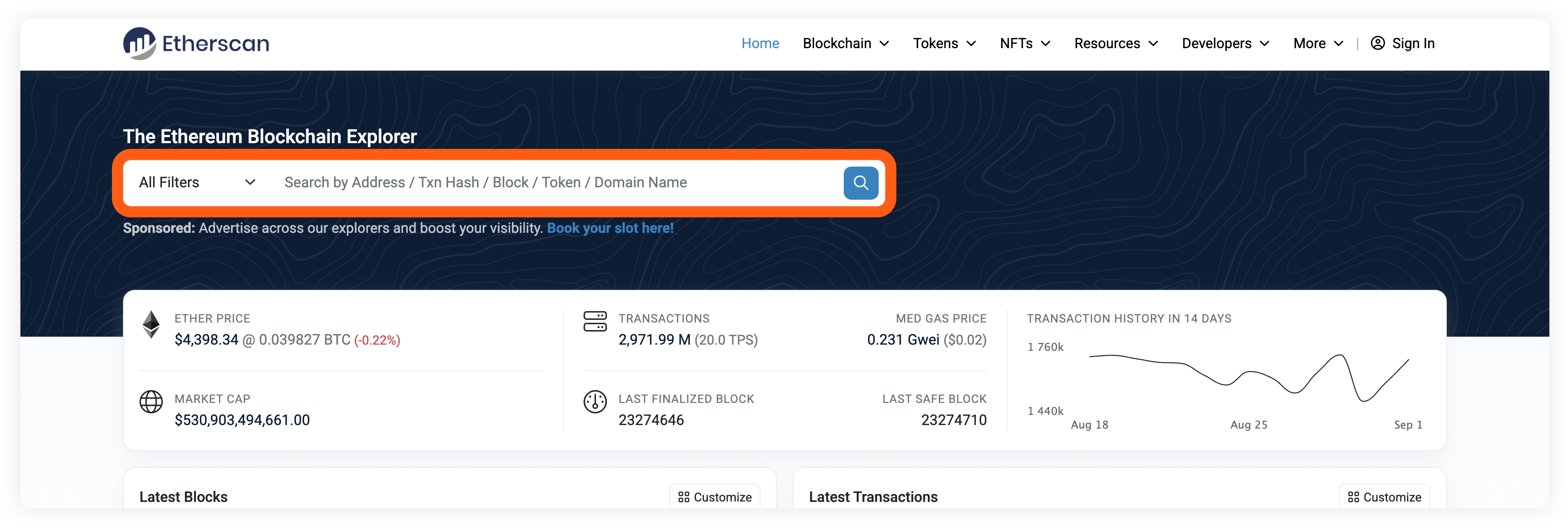 Etherscan homepage main search bar
