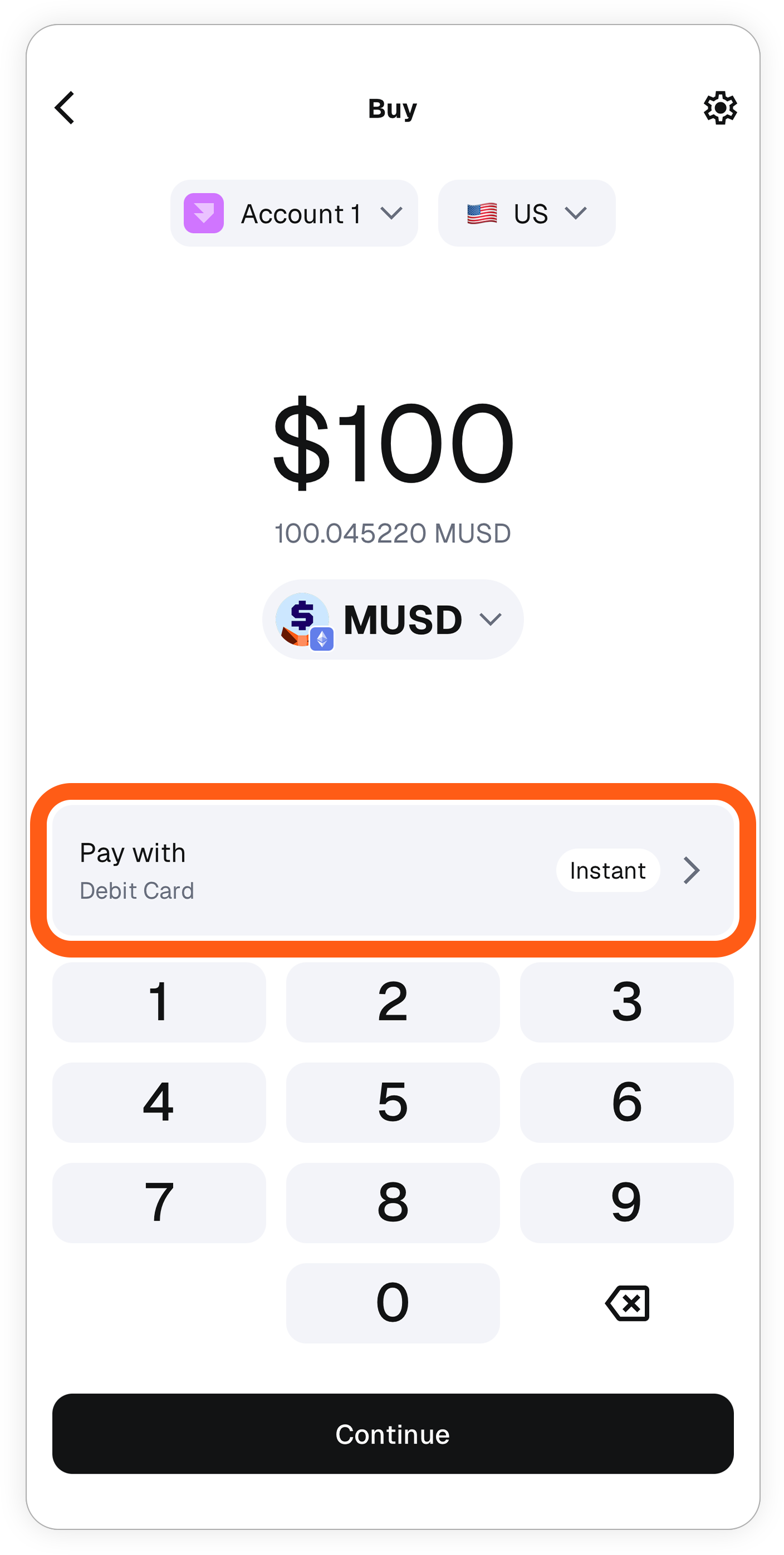 MetaMask mobile: comprar mUSD, escolher método de pagamento